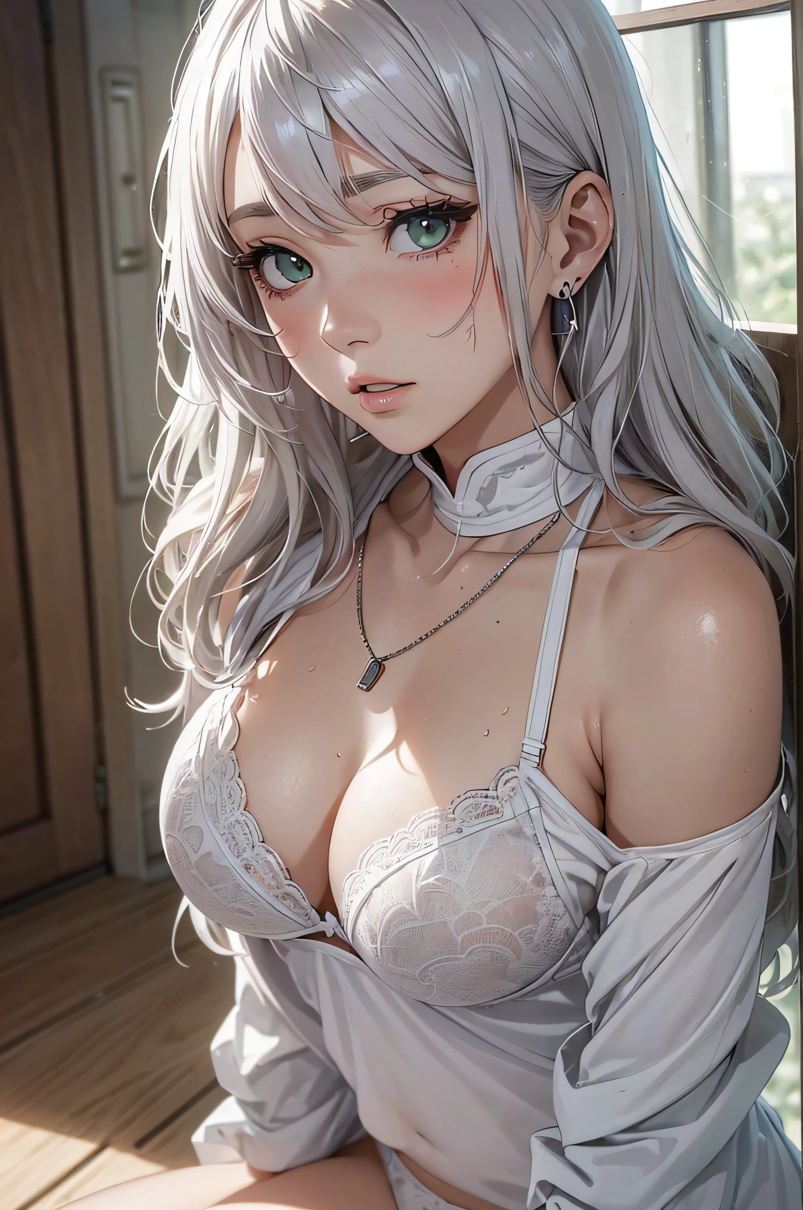 (masutepiece: 1.3), (max resolution: 1.2), (Ultra HDTV: 1.2), cinematric light, 8K resolution,
Detailed eyes and skin, detailed facial features, , (Sharp Focus: 1.2）, (Focus on Face:1.2),Perfect Style, Beautiful face, acurate, Anatomically correct, Highly detailed face and skin texture, Detailed eyes, Double eyelids, Thin eyebrows, Natural cheeks, Glossy skin, Fair skin: 1.2, (Glossy lips: 1.4),、 (Shy look: 1.2),Highly detailed facial and skin texture, Detailed eyes, Double eyelids, Natural cheeks, , shiny lips: 1.4,Exposed cleavage、（Chest lotion:1.8）（Mucus in the thighs:1.8）、（Overflowing sperm 1.5）、
red blush、humiliated、impatience、dismay、Frightened、glares、is crying、embarrassed from、Open knees、open one's legs、Masturbation behavior、rubbing the genitals with your own fingers,,,、
White underwear、White bra、Shiny little earrings and necklaces、、Disheveled clothes、Dressing、Exposed panties、Wearing sweat、sodden、Sheer underwear、
25 years old, Neat and clean woman 、Wavy Hair、 Semi-long hair, Big, upturned breasts, Sitting on the floor,Ruins、White-silver hair、Green ash eye,(Monastic uniforms:1.5)、veils、