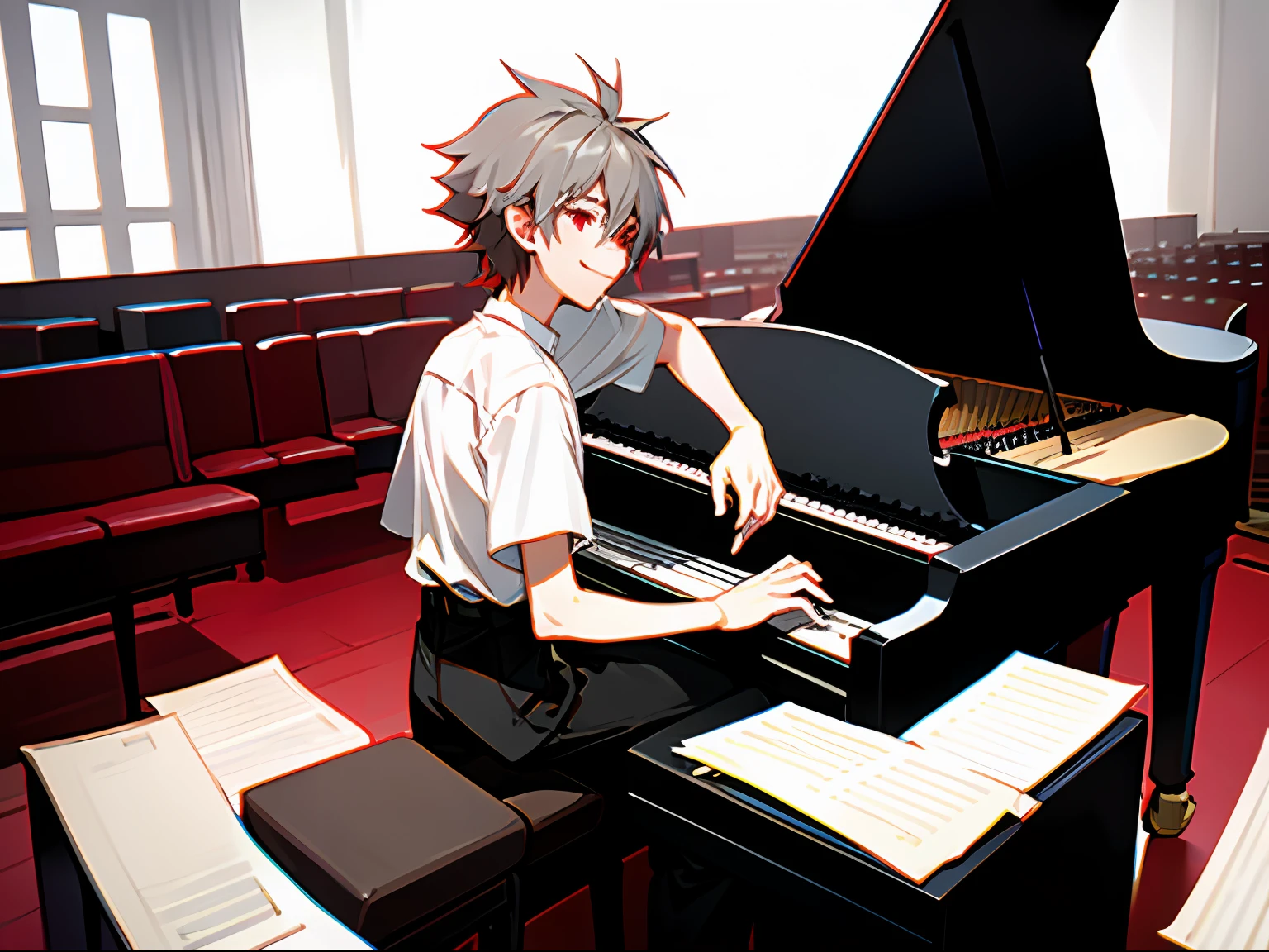 masterpiece,highres,highly detailed,male focus,1boy,solo,red eyes,grey hair,smile,play the piano,sitting,concert hall,