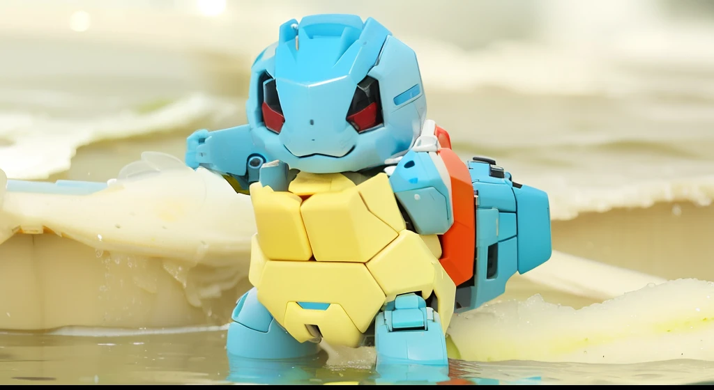 "Robotic Squirtle emerging from a watery abyss in a cinematic mecha scene."