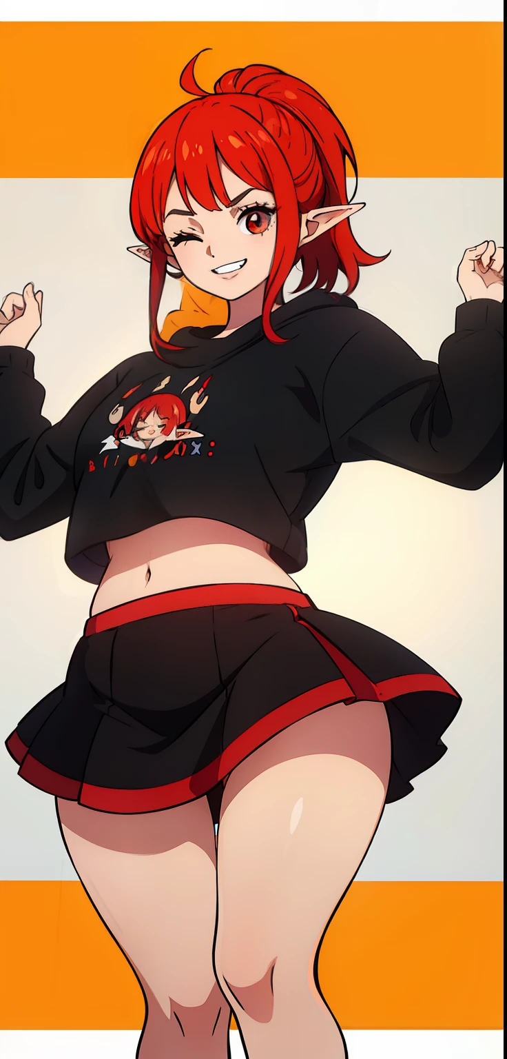 1 Girl, eyes closed, nose, elf ear, eyebrow, smiling, teeth, big red hair, black hair ends, bangs, hair between eyes, lora:add_detail, short sweatshirt on belly, short skirt, slim waist, belly , big chest, thick legs, big thigh, standing