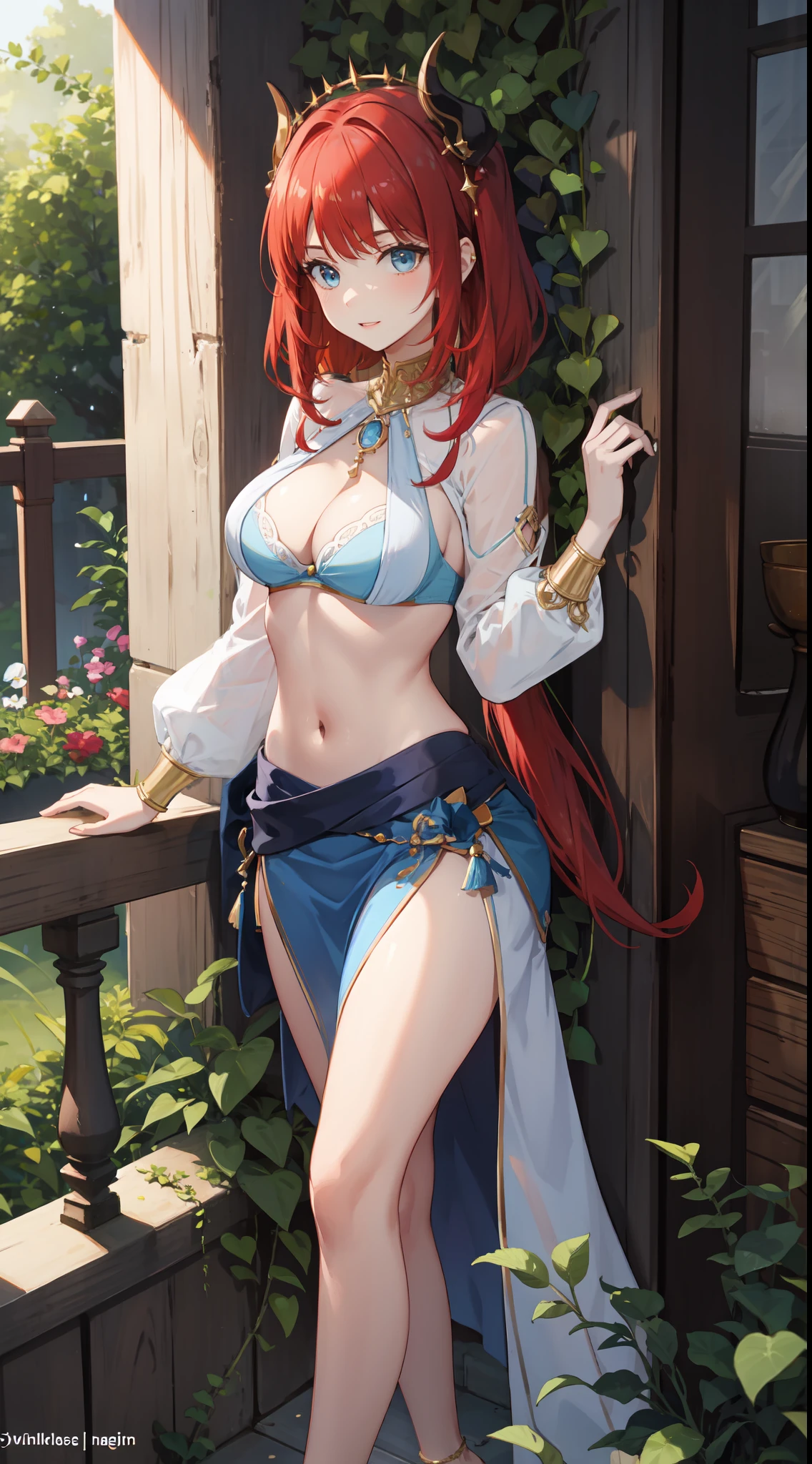slim legs, blue eyes, nilou, red hair, long hair, mesmerising , medium breast, happy, navel, garden, cleavage, hanging breast, against the wall