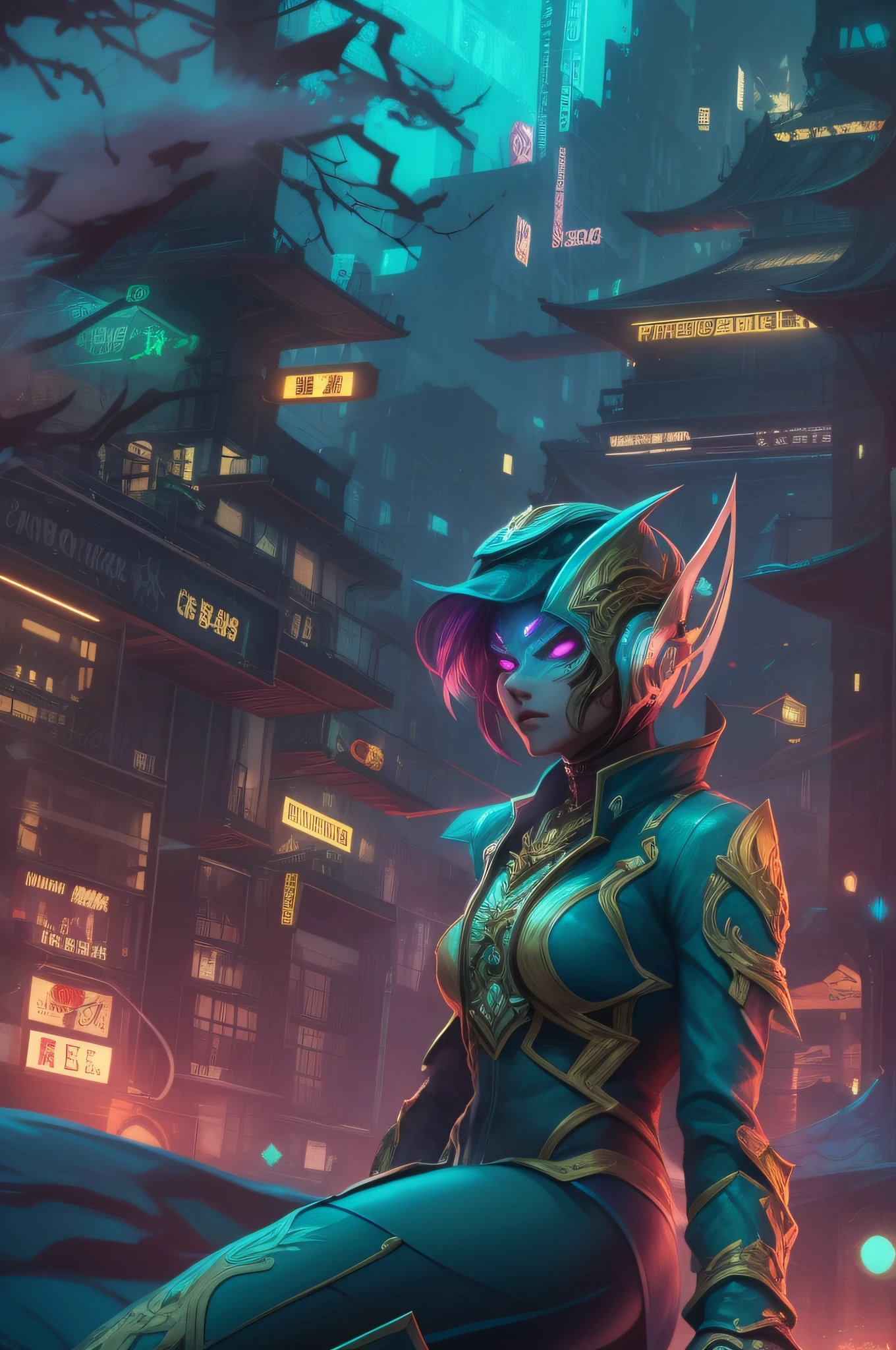 "Artistic Image Types: {Under a cyber moon, a woman stands atop a floating car. Her oni mask emits a soft neon glow, reflecting off her eyes which are alive with electric intensity. Her body is a tapestry of tradition and technology - from the elegantly draped fabric intertwined with circuitry to her blade-arm augmentation}, Blade-Oni of The Future, Neon Urban Jungle, Graceful Combat Ready Pose, (Neon blue and gold lighting:1.3), (Digital painting:1.25), (4K:1.2). Environment: A panoramic city view, with hovering vehicles and digital cherry blossoms in bloom."