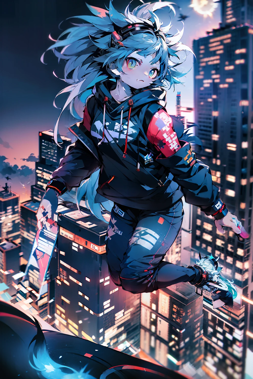 (masterpiece), best quality, ultra high res,little girl, cyberpunk 1girl flying above stunning cityscape ,hoodie,blue hair, neon color shooting stars, very long hair, off shoulder, feather hair ornament, neon colors, flashes, stunning night sky, cinematic lighting, photorealistic, realistic skin, HDR,fisheye