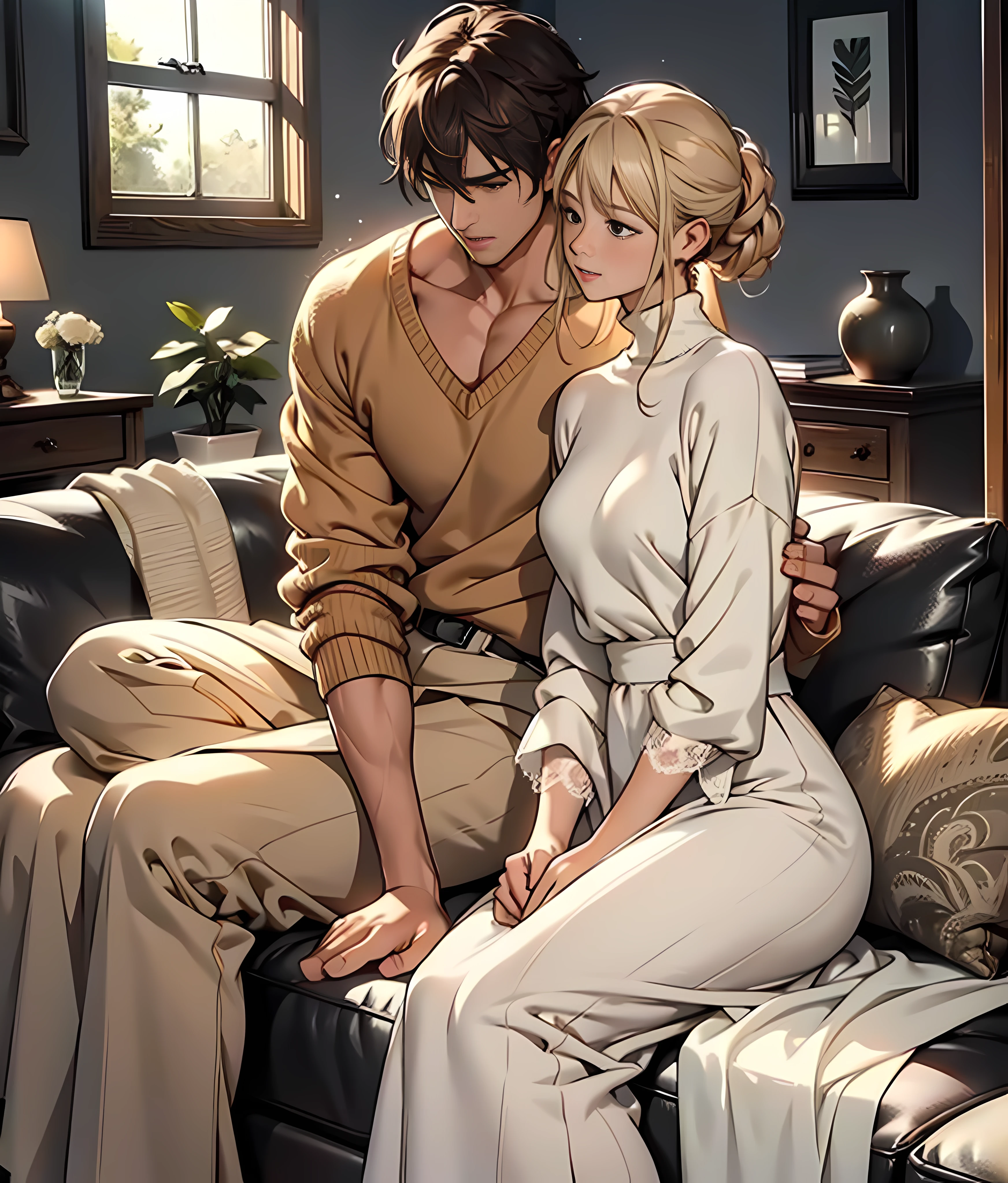 It features a simple、Natural Fabric、Sit up、knit、Lace Long Skirt、white  shirt、Brownish、If you have a photo、Hold in hand、Plain clothe、a room、sit on sofa、Mystical lighting、Ethereal Atmosphere、livingroom、dressed casually, Sweaters, turtle neck、closed clothes、natural soft light、long  skirt、Lady、独奏、A man pulls a woman's shoulder、musculature、a handsome、Move ki、