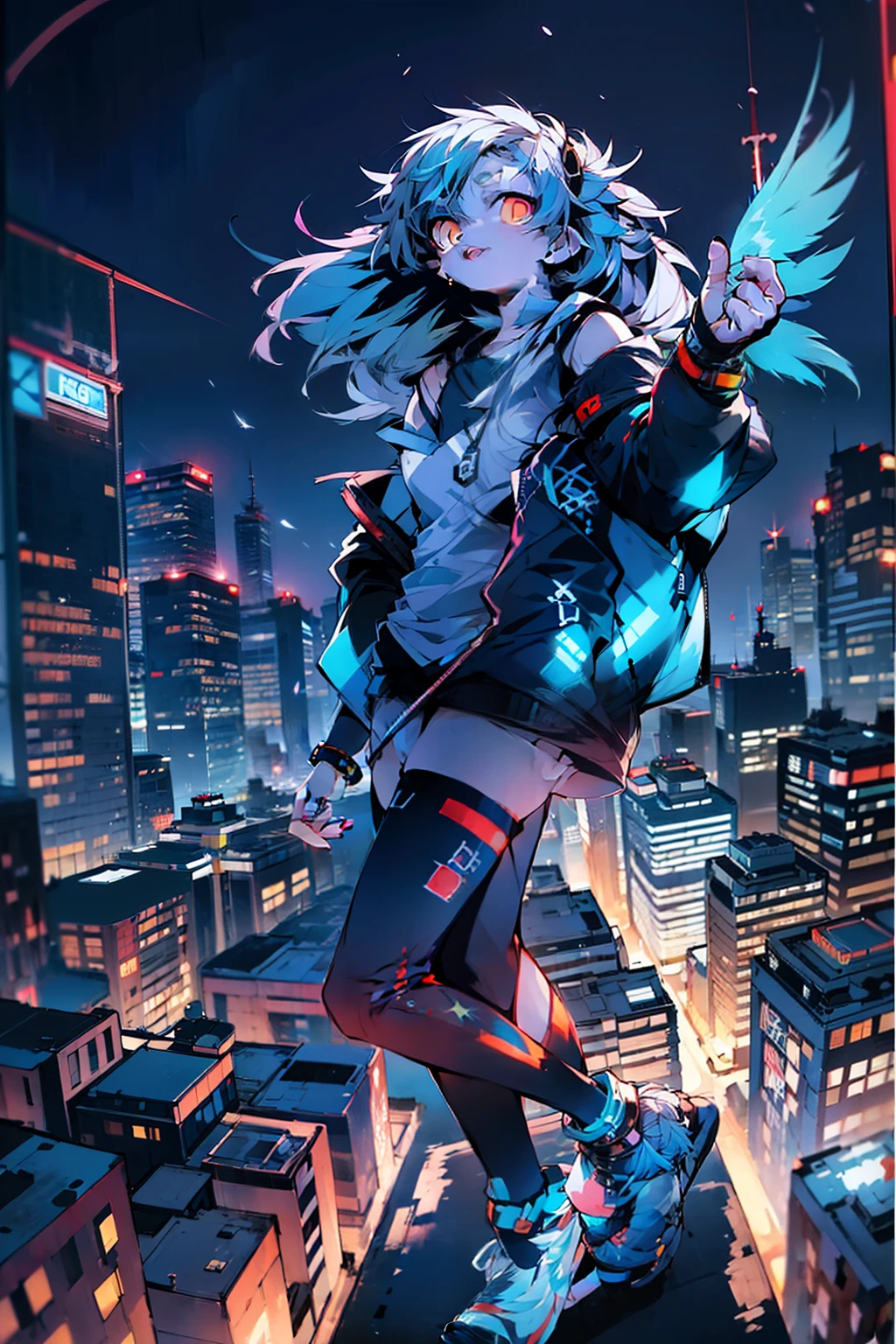 (masterpiece), best quality, ultra high res,little girl, cyberpunk 1girl flying above stunning cityscape ,hoodie,blue hair, neon color shooting stars, very long hair, off shoulder, feather hair ornament, neon colors, flashes, stunning night sky, cinematic lighting, photorealistic, realistic skin, HDR,fisheye