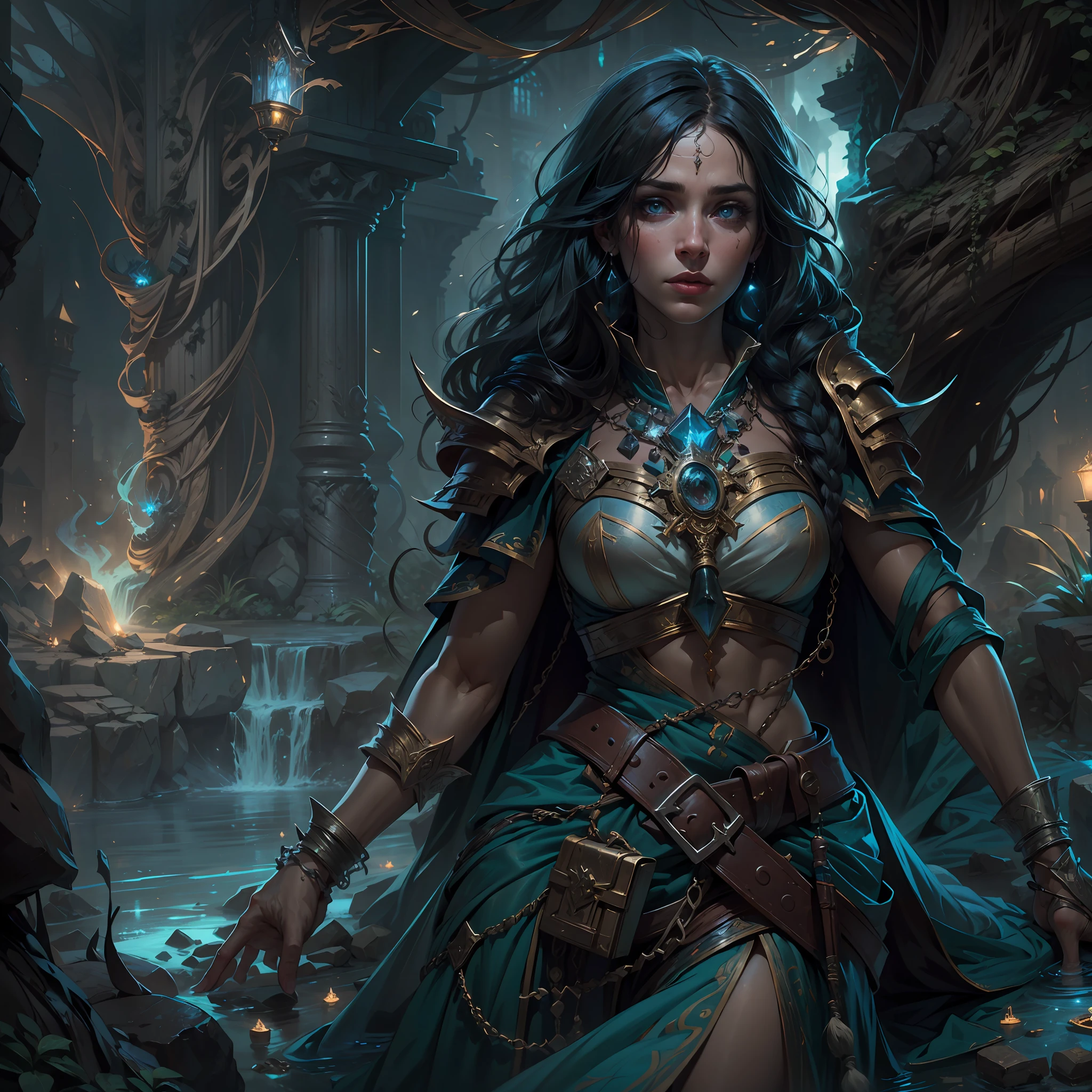 high details, best quality, 8k, [ultra detailed], masterpiece, best quality, (extremely detailed), ultra wide shot, photorealistic, fantasy art, dnd art, RPG art, realistic art, an ultra wide picture of underground druid grove  intense details, Masterpiece, best details: 1.5) and its human female (intense details, Masterpiece, best details: 1.5) casting a spell, red magical light (intense details, Masterpiece, best details: 1.5), wearing leather armor (intense details, Masterpiece, best details: 1.5), wearing cloak (intense details, Masterpiece, best details: 1.5), wearing  boots, high heeled boots,  holy symbol, blue light from symbol, dynamic hair, intense eyes, dynamic eyes, D&D human female (intense details, Masterpiece, best details: 1.5), black hair, long hair, fantasy [underground] (intense details, masterpiece, best details: 1.5), [underground] druid grove, water fall details, rich fantasy underground life details (intense details, Masterpiece, best details: 1.5) ,stone pillars (intense details, Masterpiece, best details: 1.5),  animals, water springs, soft light, phosphoric light. dynamic light (intense details, Masterpiece, best details: 1.5), fungi in the background, celestial background, ((divine worship atmosphere)), high details, best quality, highres, ultra wide angle