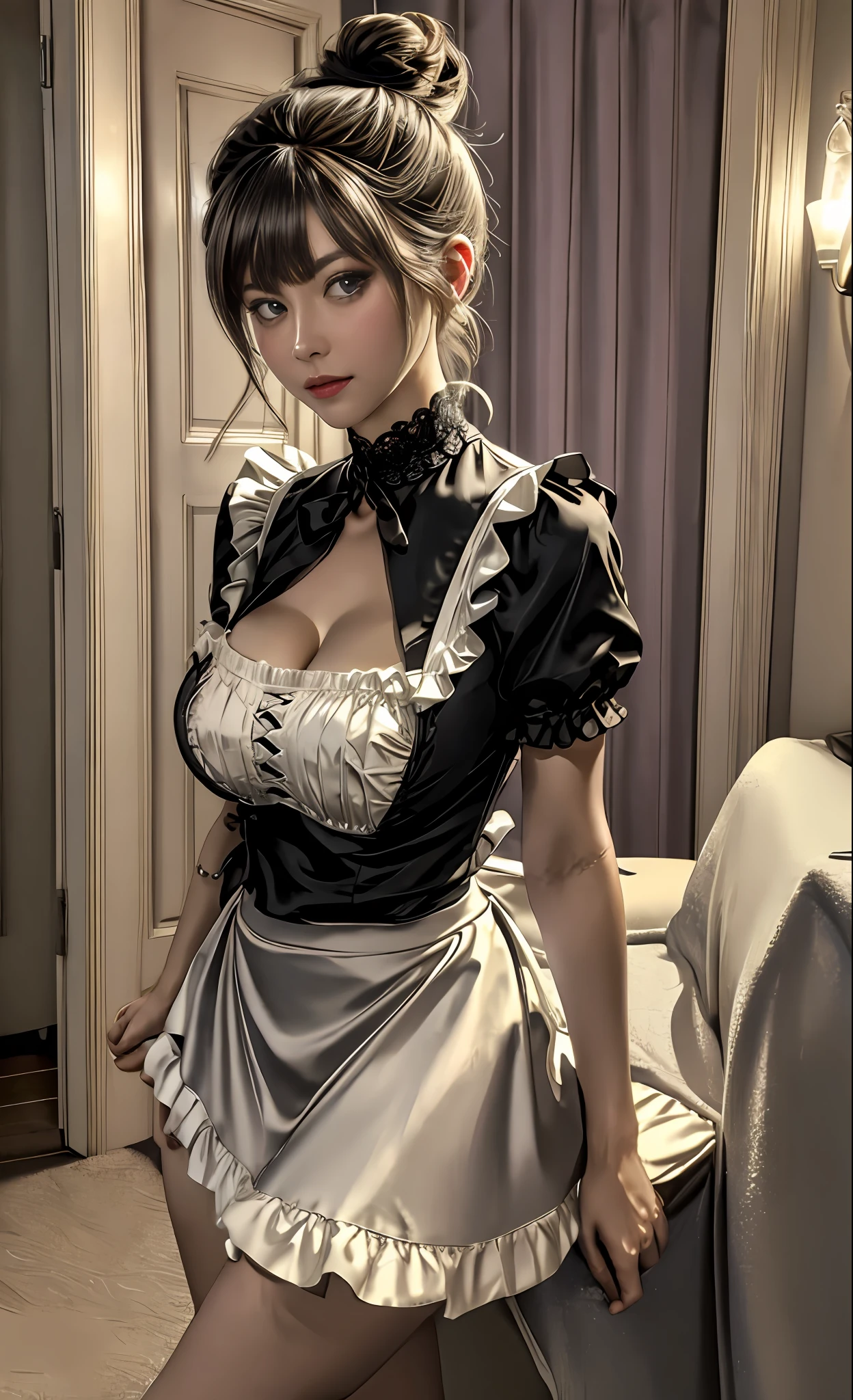 Front photo of a French maid, hair-bun, pony tails, Messy bun, Skirt lift, Skirt lift, (((full bodyesbian))), looking at viewert, the best quality masterpiece, Photorealistic and realistic, A detailed, during night, flash lights, 8K, flash lights, color difference, Sharp focus, original color photo,huge bust,slenderlegs,adolable,eye glass,Delicate facial features,Delicate face,Delicate eyes,eye detailed,long leges,Huge bust,big breasts exposed cleavage