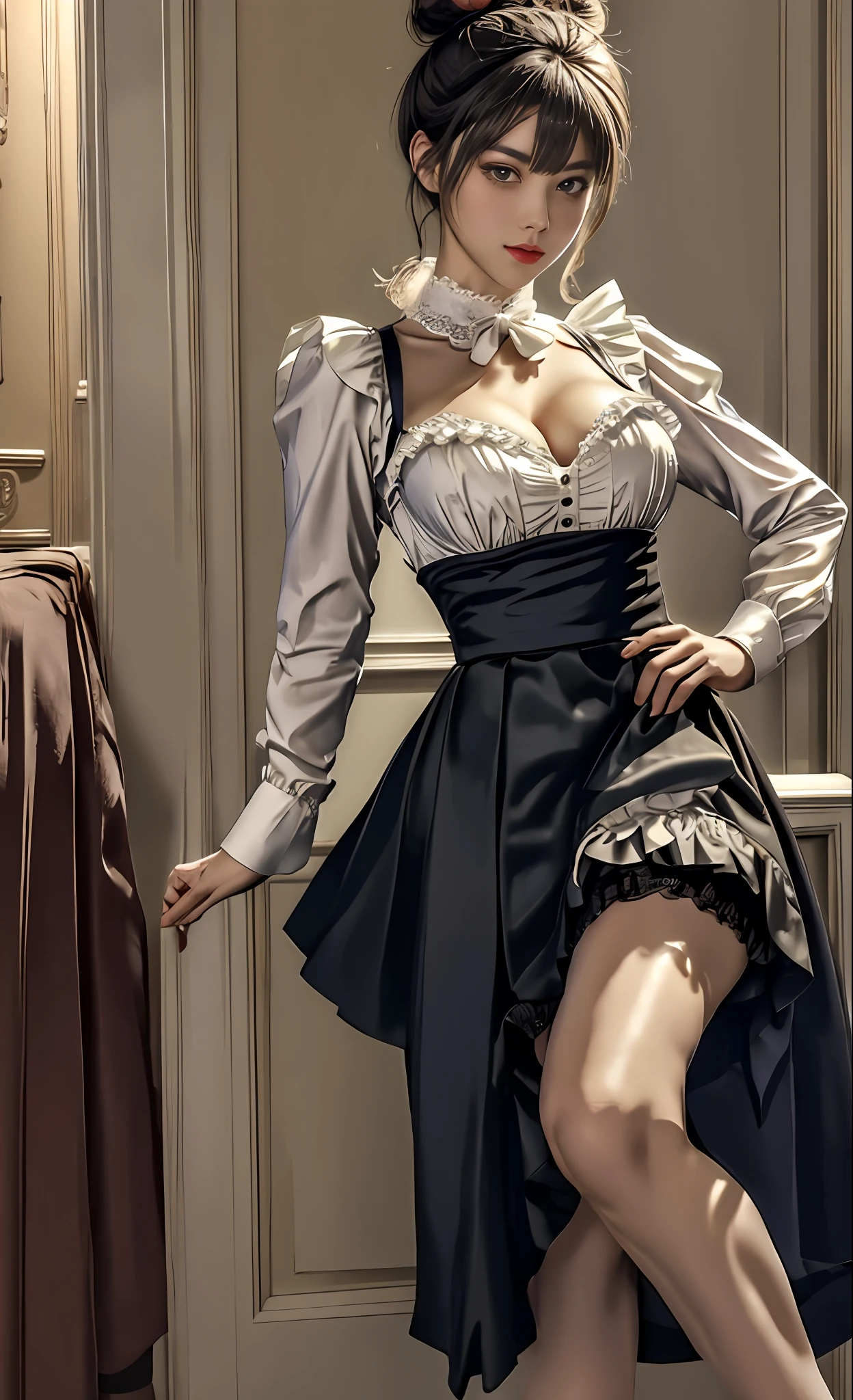 Front photo of a French maid, hair-bun, pony tails, Messy bun, Skirt lift, Skirt lift, (((full bodyesbian))), looking at viewert, the best quality masterpiece, Photorealistic and realistic, A detailed, during night, flash lights, 8K, flash lights, color difference, Sharp focus, original color photo,huge bust,slenderlegs,adolable,eye glass,Delicate facial features,Delicate face,Delicate eyes,eye detailed,long leges,Huge bust,big breasts exposed cleavage