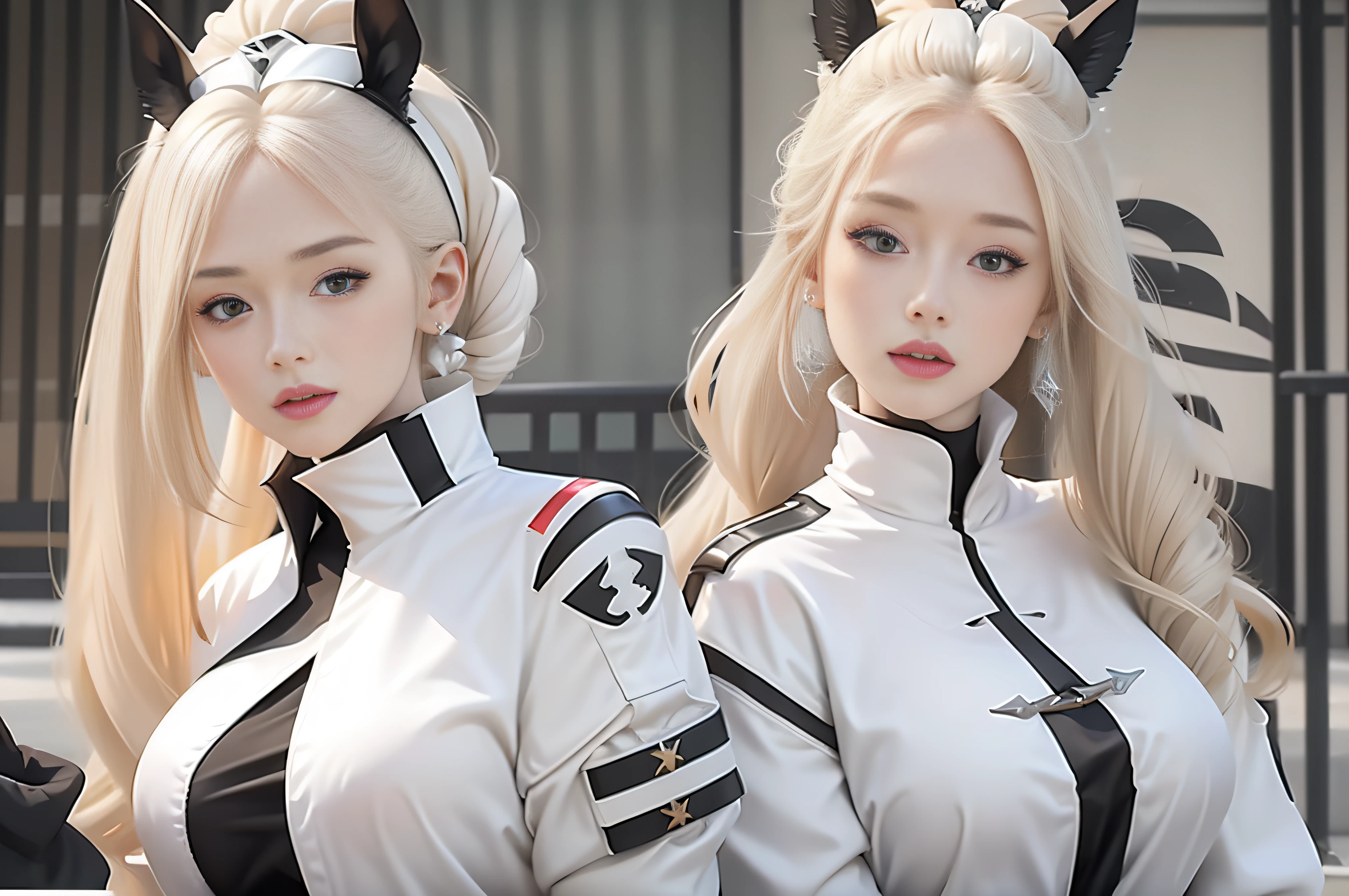 Manteau blanc,white skinned,blond hairbl,Need,Full breasts,Zhu lips,ear jewelry,Black high neck,horse tailed,mechs,Royal Sister Fan,Raised sexy,extreme hight detail