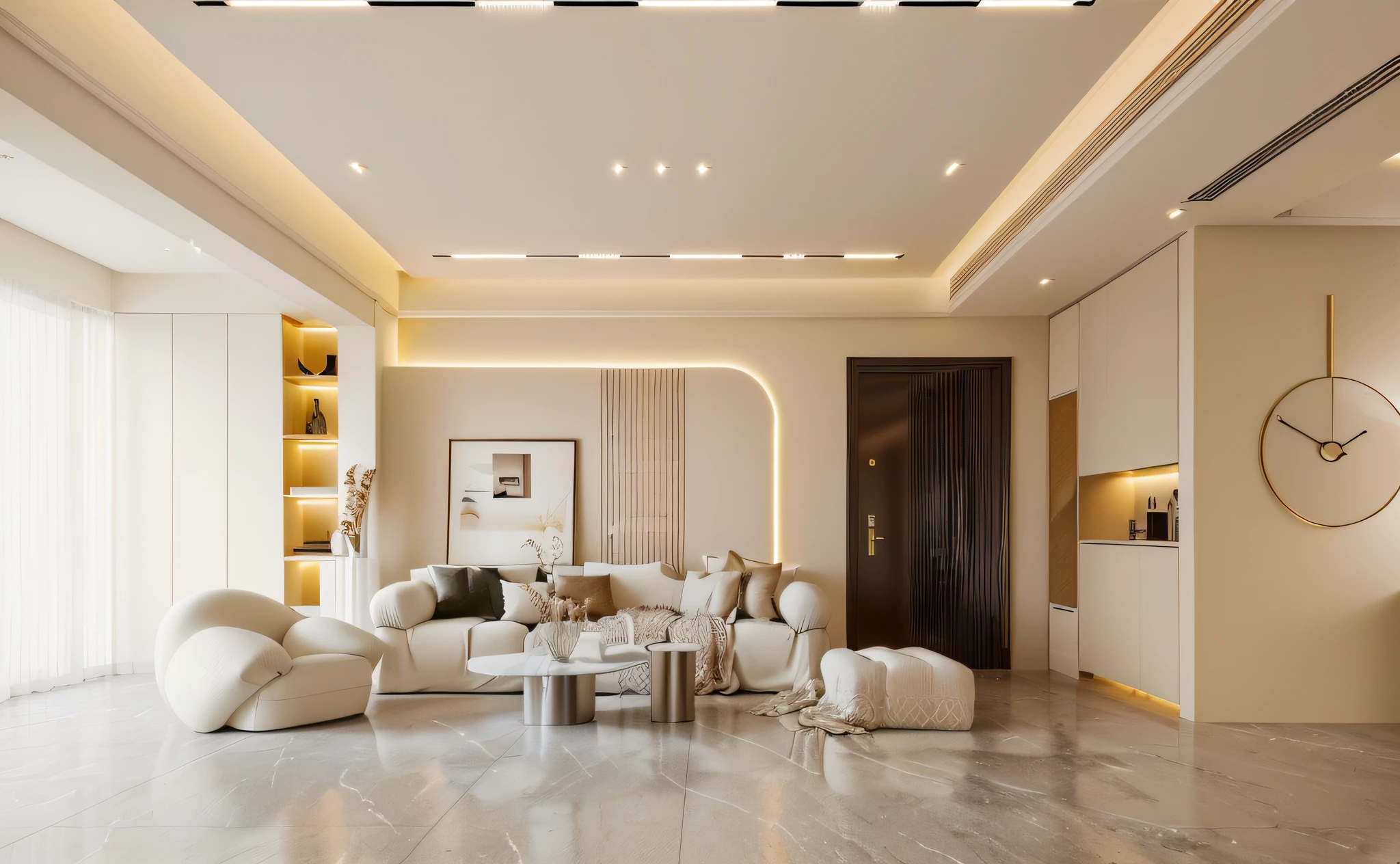 arafed living room with a large white couch and a coffee table, simple ceiling, cinematic accent lighting, volumetric interior lighting, precise architectural rendering, excellent 3d render, high end interior, high quality rendering, high quality 3 d render, high quality 3d render, Realistic physical rendering, Highly detailed interior, luxurious environment, v ray