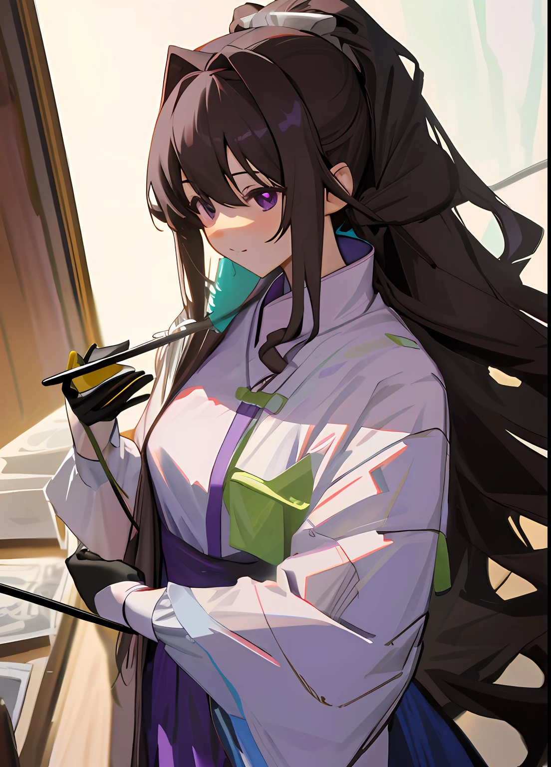 "(Hyper-realistic)，(illustratio)，(A high resolution)，(8K)，(extremely higly detailed)，(Most Best Illustration)，(美丽细致的眼睛)，(best qualtiy)。"brunette color hair，Purple eye，one-girl，Long curly hair，ssmile，evening formal robes，long gloves，wineglass，banquet