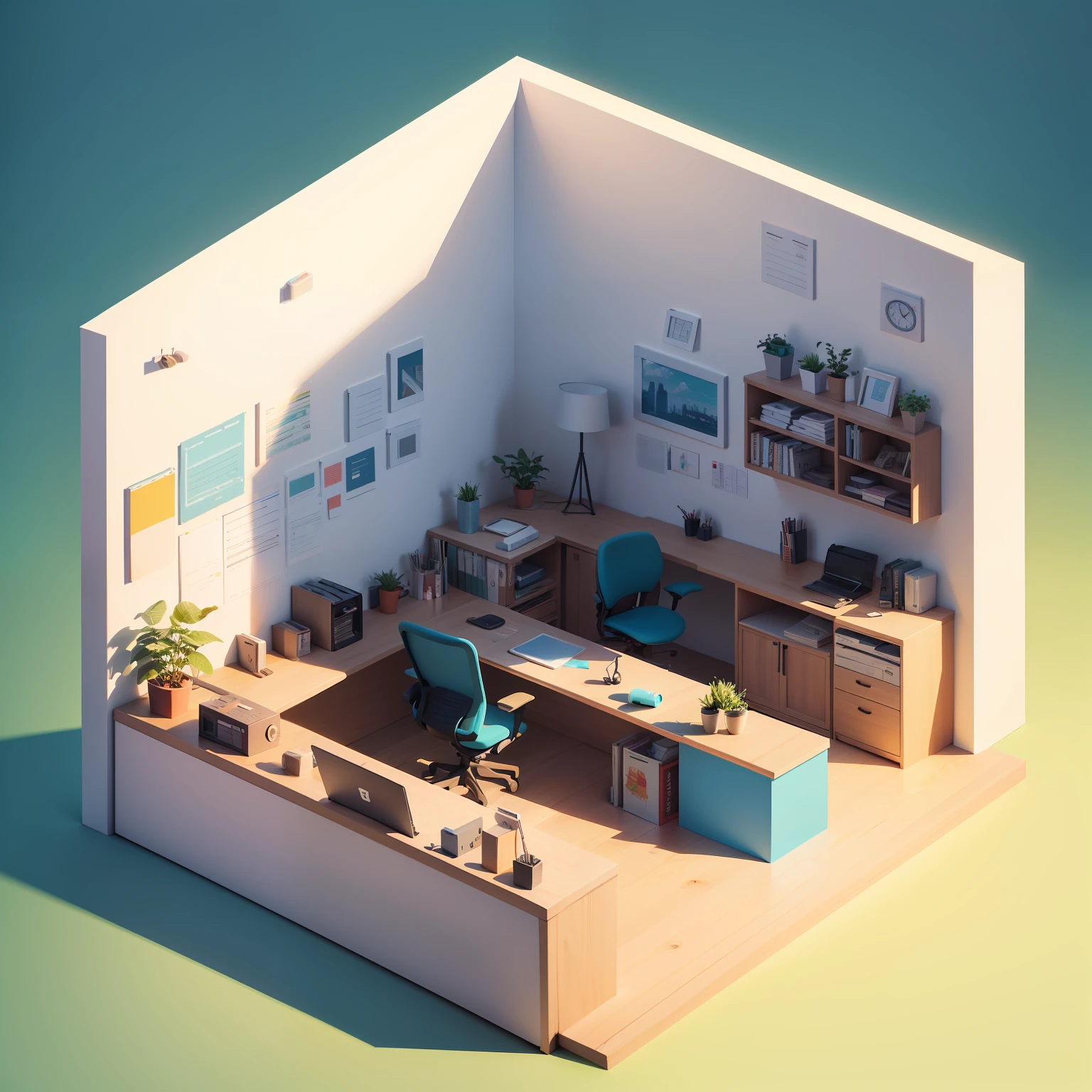 "An office inspired by a miniature company. Isometric paper art, vibrant colors, chic imagery, with no background image."