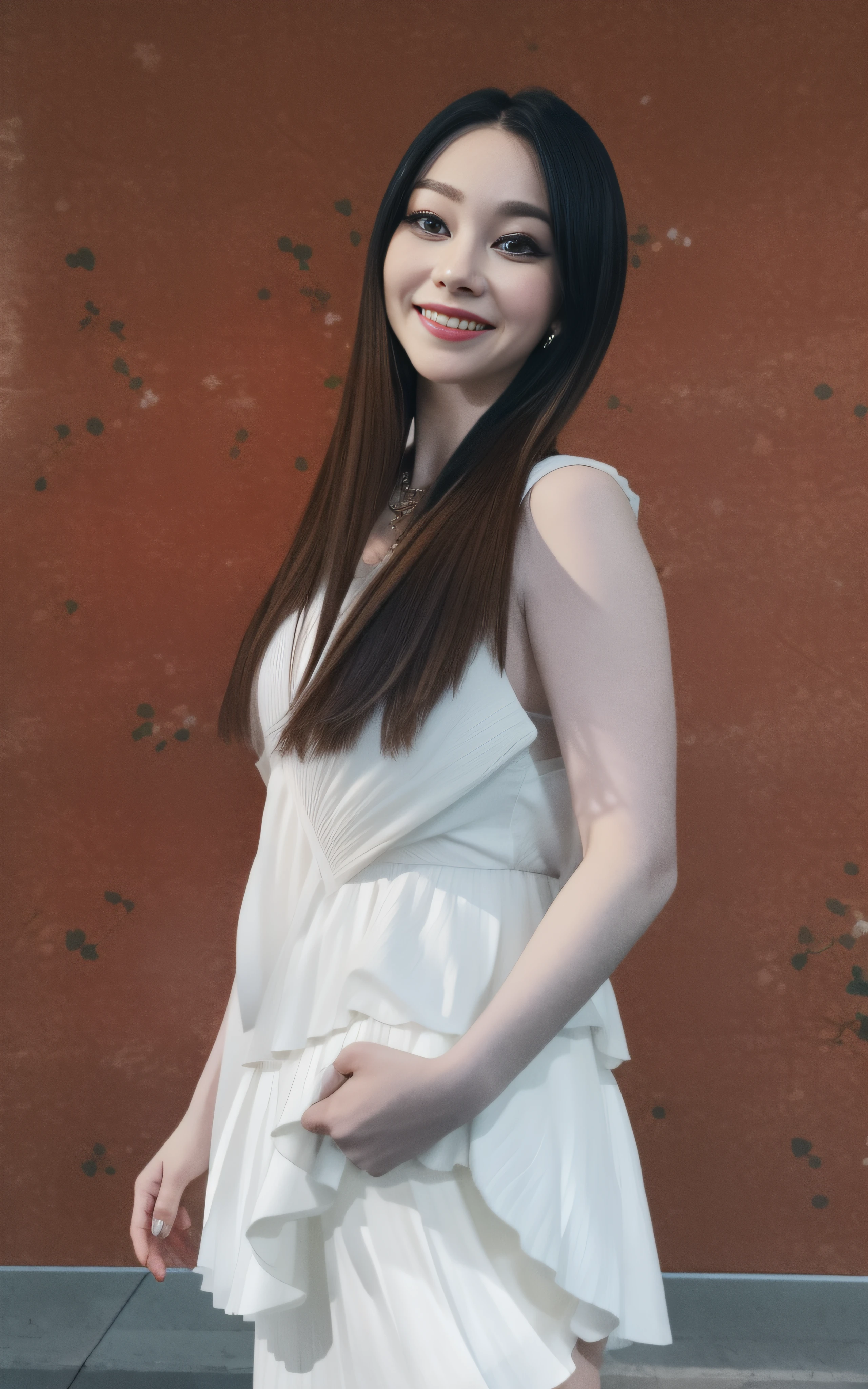 (8K, 4K, Best quality, A high resolution:1.1), (Realistic, photo-realistic:1.1), 1girll, Solo, face, double tails, Blonde hair, bangs, Long_Hair, necklace, Earrings, Lips, eye shadows, jewelry, (Looking in the audience：1.8），thin shoulder strap，white  skirt，the detail，hight contrast，There are broken hairs on the face，The wind blows hair