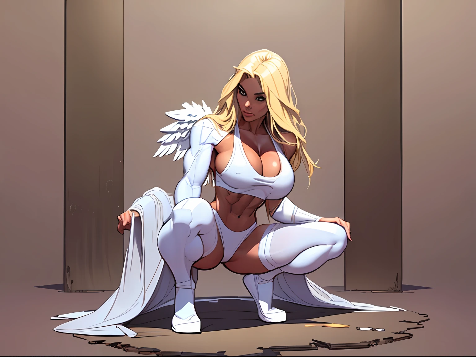 ((masterpiece)),(((best quality))),((character design sheet)), illustration,1man, environment Scene change, bending knees, on knees, showing off abs, gloating, muscular, white skin, white legs, thick legs,angel halo, scribbles and marks, fire, ((detailed face:1.1)), rough sketches, pose too, blonde and white color palette, 8k,16k, (simple background, light background: 1.3)