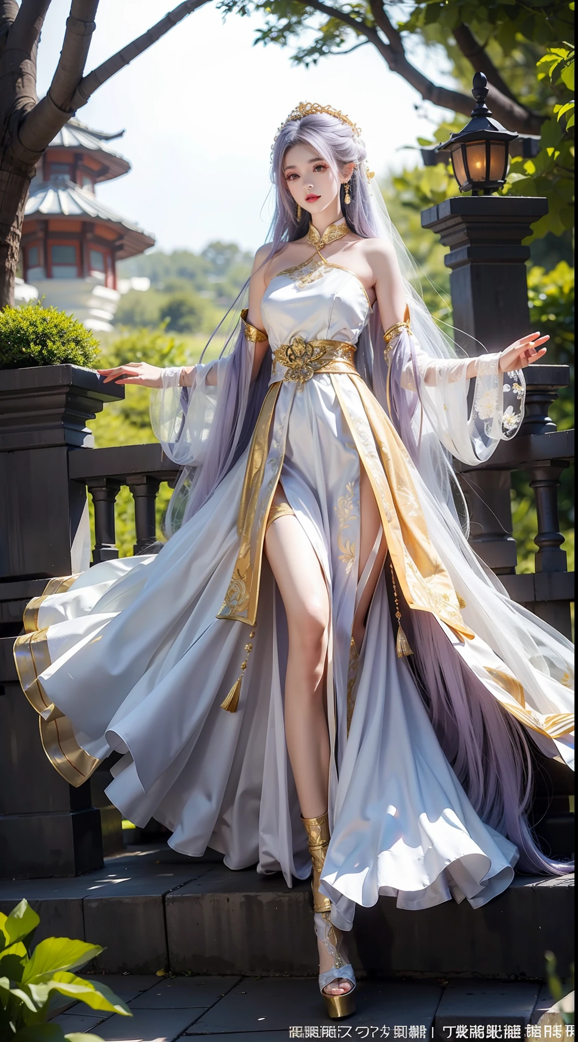 Gold pattern wedding dress,gleaming in the sunlight,Kizi,Silver hair ornament,cropped shoulders,Long wavy purple hair that reaches the waist,Gold-tone high heels,Long legs,white stockings,独奏,bound waist,