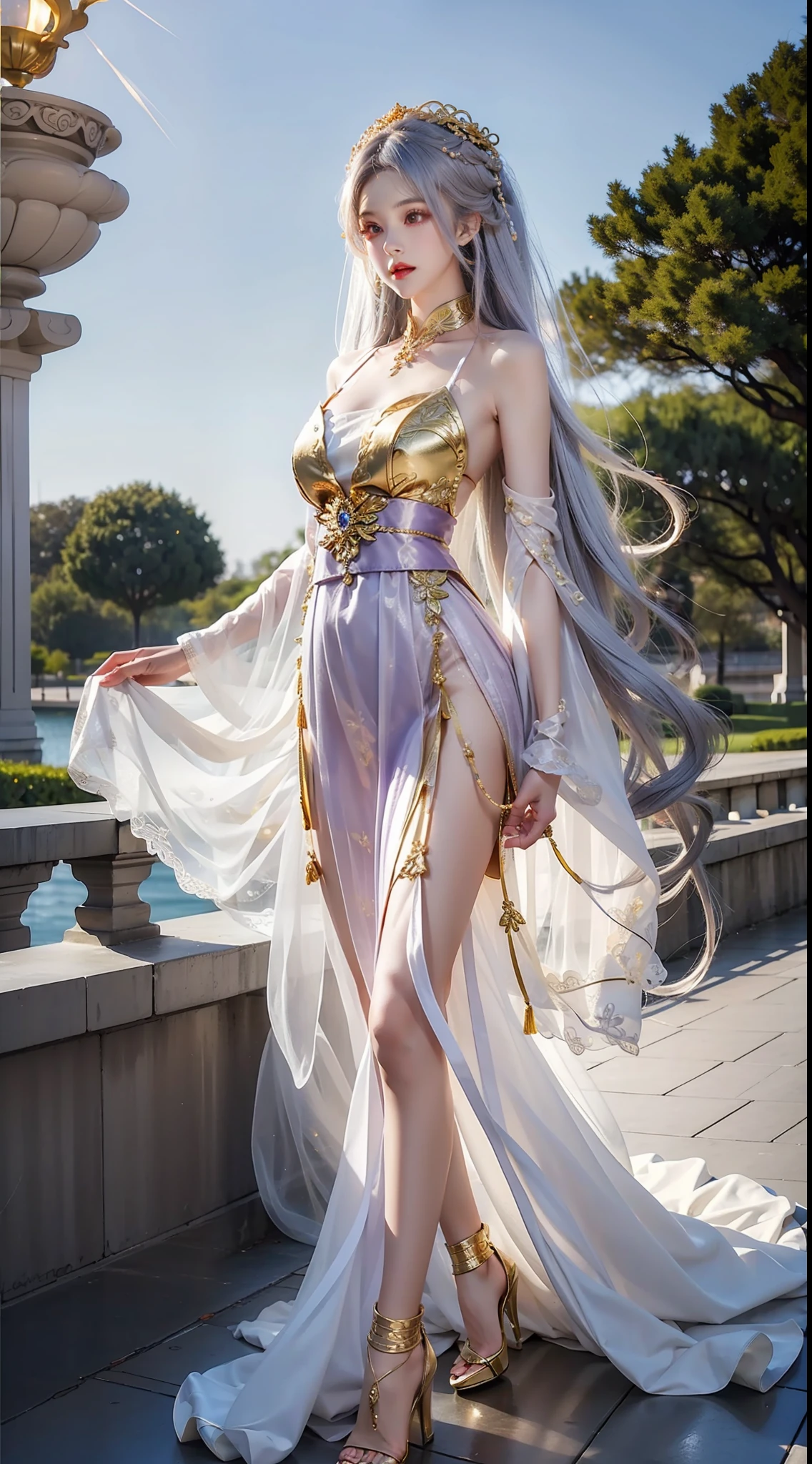 Gold pattern wedding dress，gleaming in the sunlight，Kizi，Silver hair ornament，cropped shoulders，Long wavy purple hair that reaches the waist，Gold-tone high heels，Long legs，white stockings，独奏，bound waist，