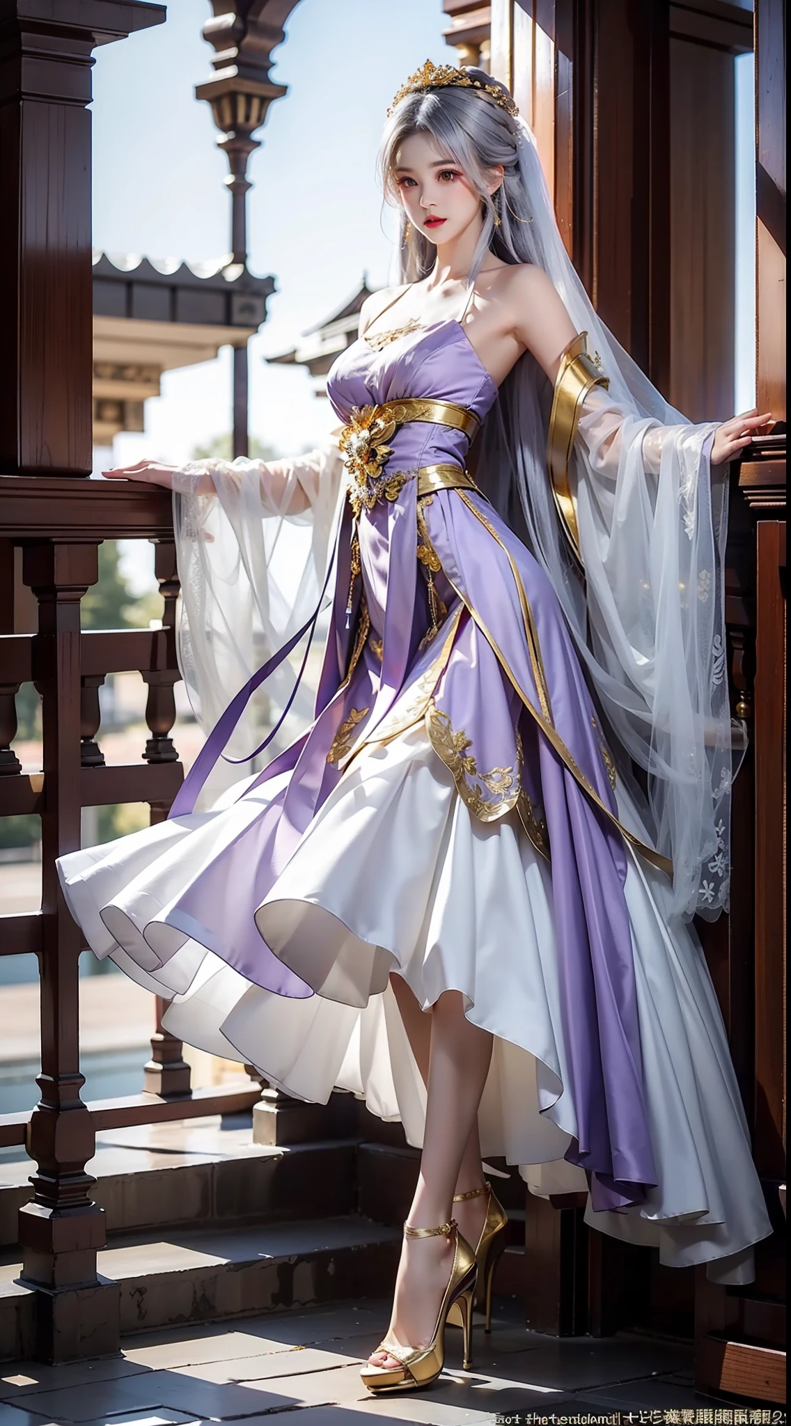 Gold pattern wedding dress，gleaming in the sunlight，Kizi，Silver hair ornament，cropped shoulders，Long wavy purple hair that reaches the waist，Gold-tone high heels，Long legs，white stockings，独奏，bound waist，