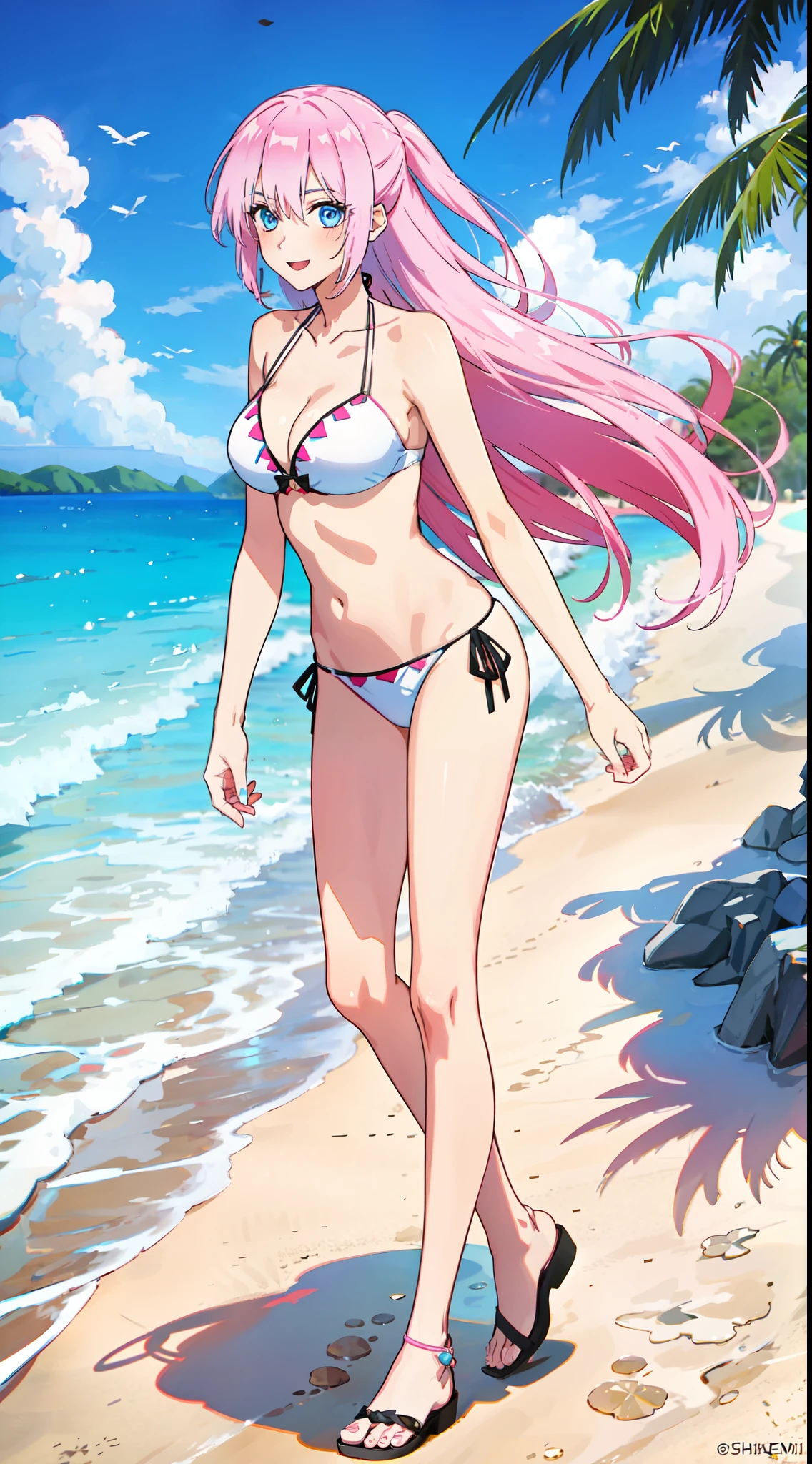 shikimori, slim legs,  beautiful eyes, blue eyes, happy, pink hair, long hair, white side tie bikini, beach