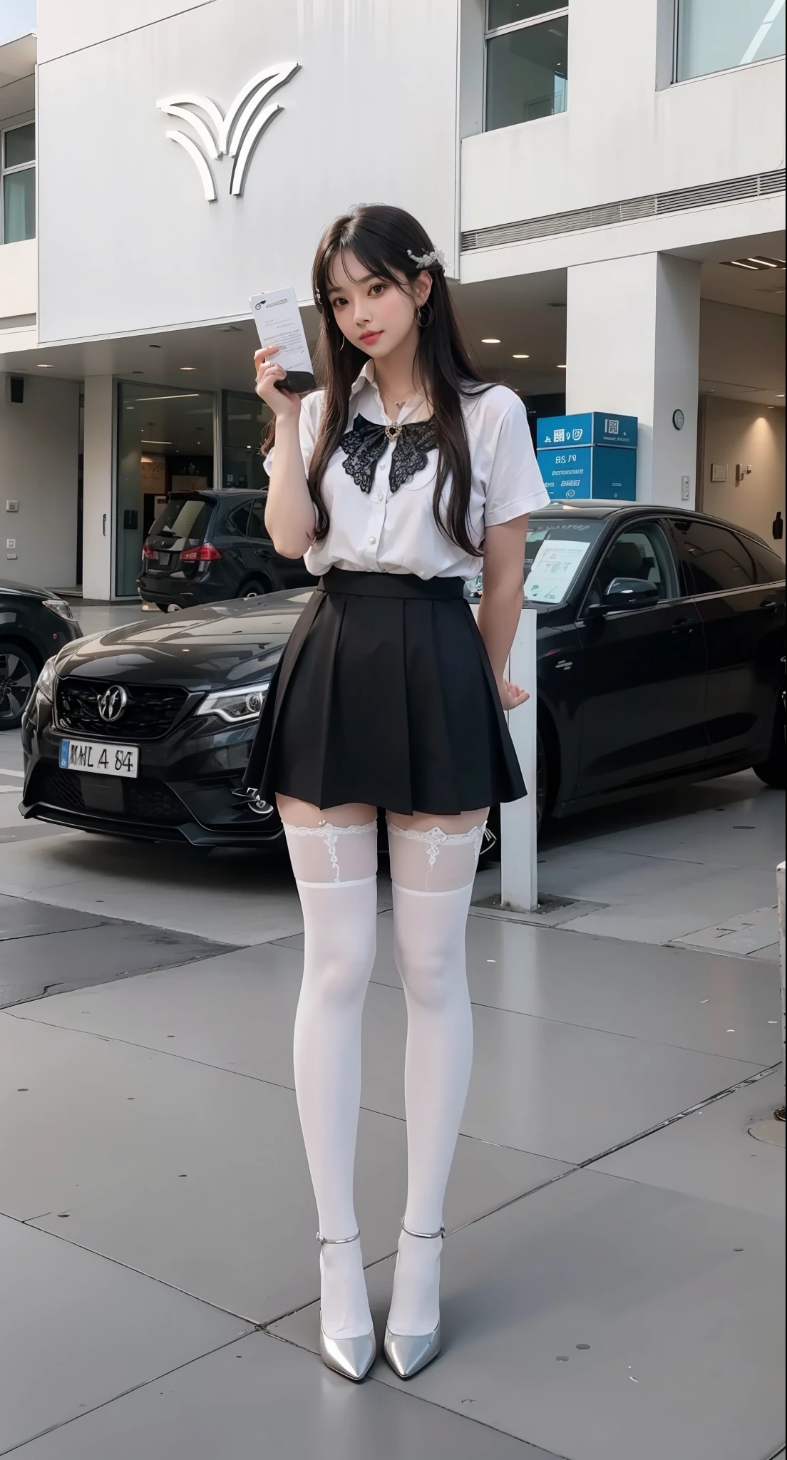 Full body photo of a beautiful sexy woman in a very short skirt and sewn stockings,stands_straight,((独奏)),AS-Adult,At the office,high-heels,Craving sexual,strokes_herself,(best qualtiy,A high resolution,tmasterpiece:1.3),A tall and beautiful woman,Dark brown hair in loose wavy styling,nedium breasts,Wear a pendant,Beautifully rendered details in face and skin textures,Detailed eyes,二重まぶた