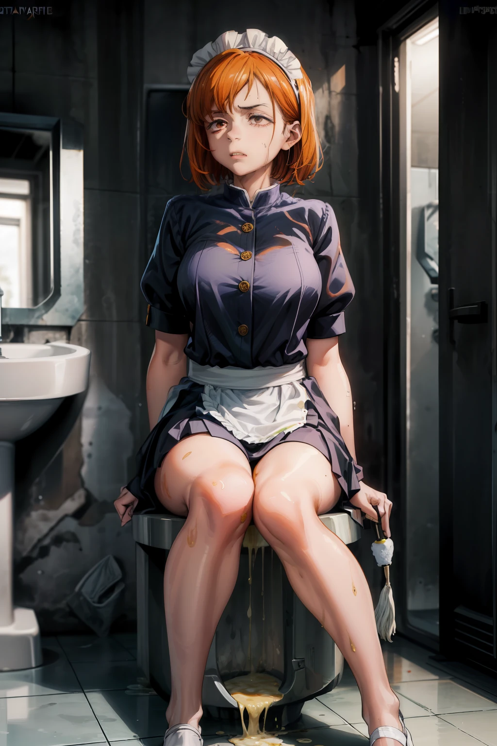 Sit on the urinal、the whole body is wet、1girl in, Toilet room, Sweep the urinal, kneeking, sponge, raunchy, pee, rubbish,, ​masterpiece, top-quality, ighly detailed、maid clothes、Orange hair、Brown eyes、White liquid all over the body、Yogurt all over the body