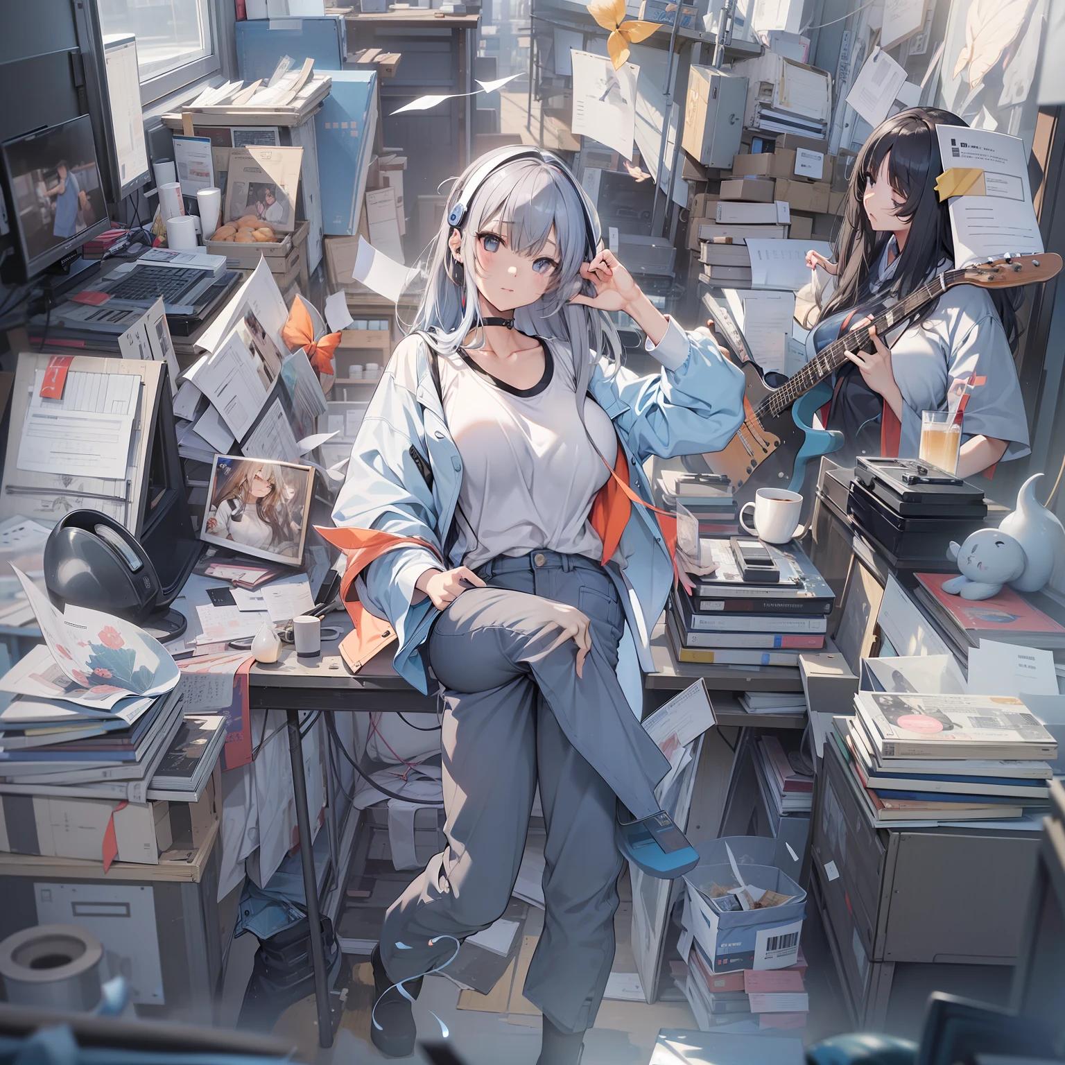 (top-quality、8K、32K、masterpiece、nffsw:1.2)、1girl in、beautiful japanese female、big breasts thin waist、tshirts、Jeans gray、、band、、Suits、trouser、from the rear、Live Album House、Music、After loving the sound、(stick out buttocks:1.2)、A detailed face、shorth hair、sounds、Notes flutter、head phone、Bright background、