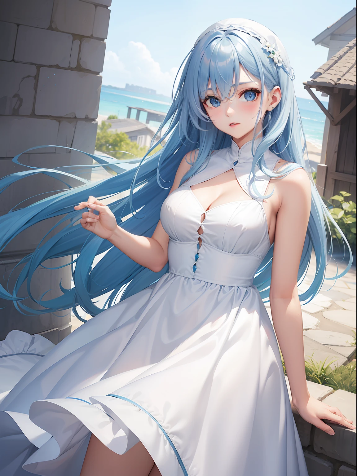 a women, blue hair, blue eyes, white dress