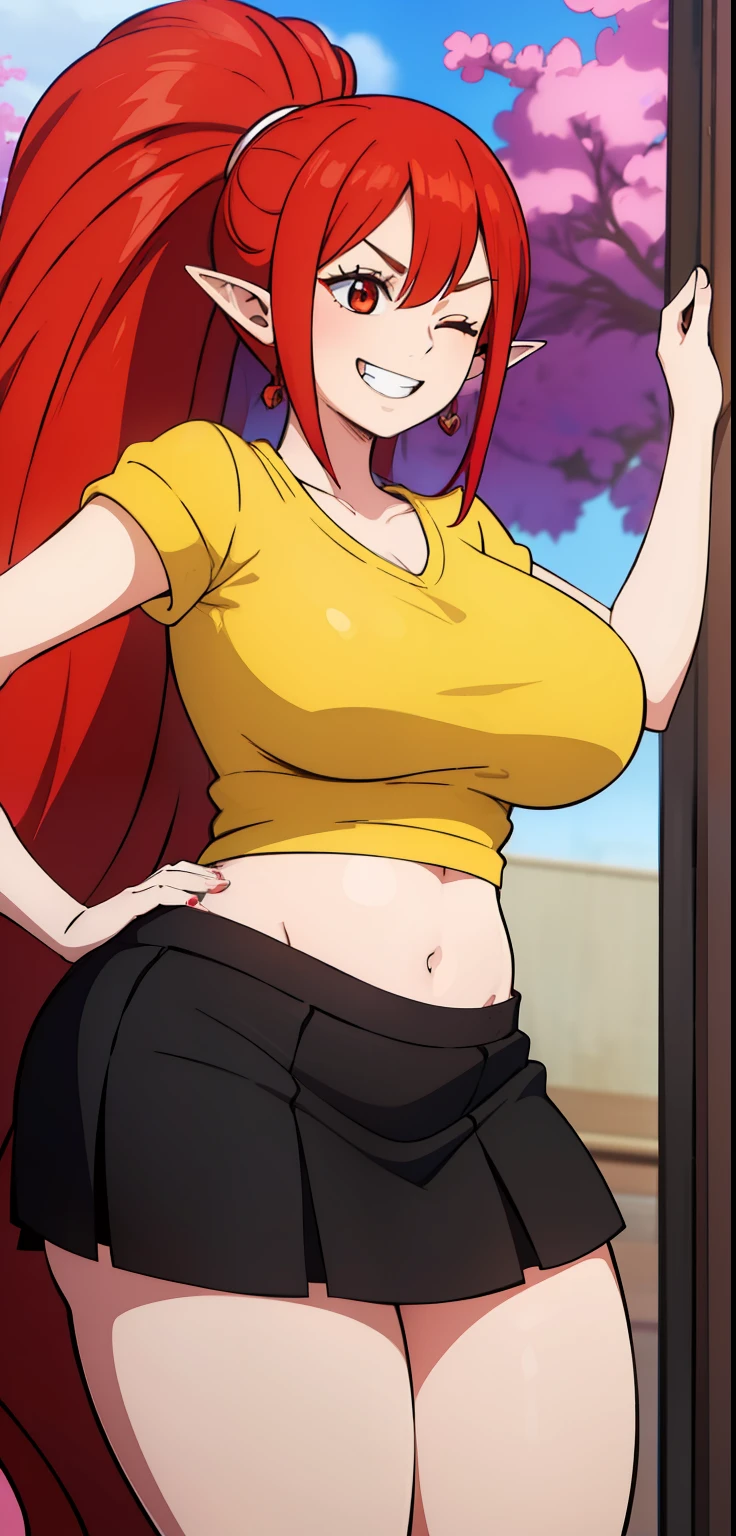 1 Girl, eyes closed, nose, elf ear, eyebrow, smiling, teeth, big red hair, black hair ends, bangs, hair between eyes, lora:add_detail, short sweatshirt on belly, short skirt, slim waist, belly , big chest, thick legs, big thigh, standing