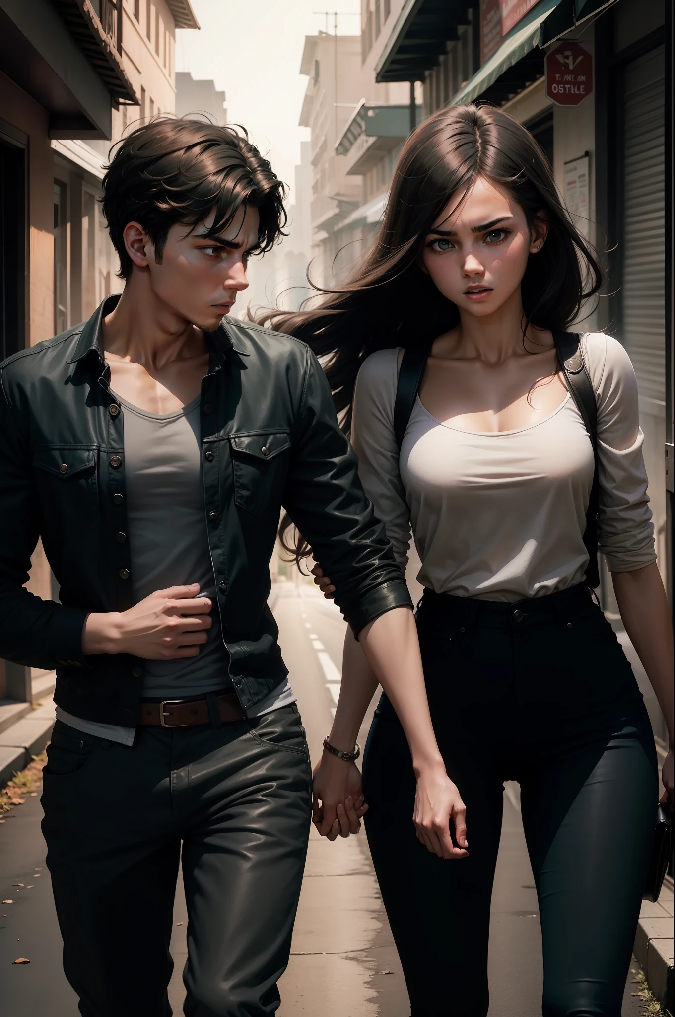 A young man and a young woman fight on a dark road