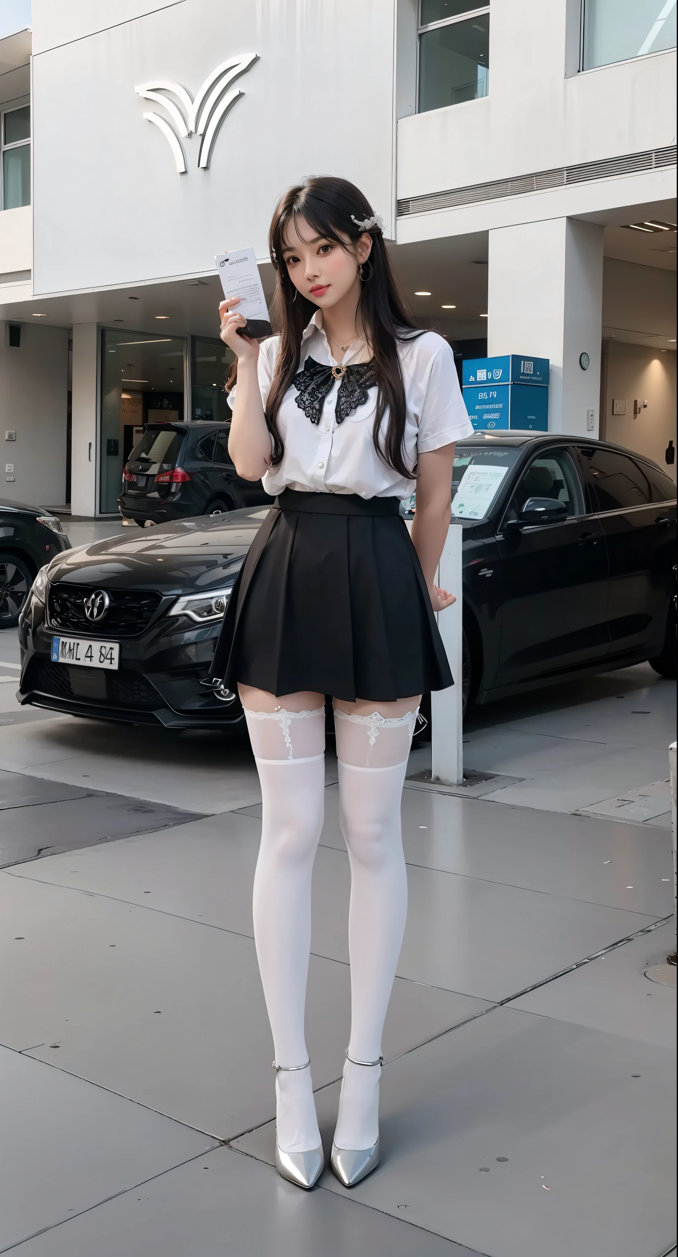 Full body photo of a beautiful sexy woman in a very short skirt and sewn stockings,stands_straight,((独奏)),AS-Adult,At the office,high-heels,Craving sexual,strokes_herself,(best qualtiy,A high resolution,tmasterpiece:1.3),A tall and beautiful woman,Dark brown hair in loose wavy styling,nedium breasts,Wear a pendant,Beautifully rendered details in face and skin textures,Detailed eyes,二重まぶた