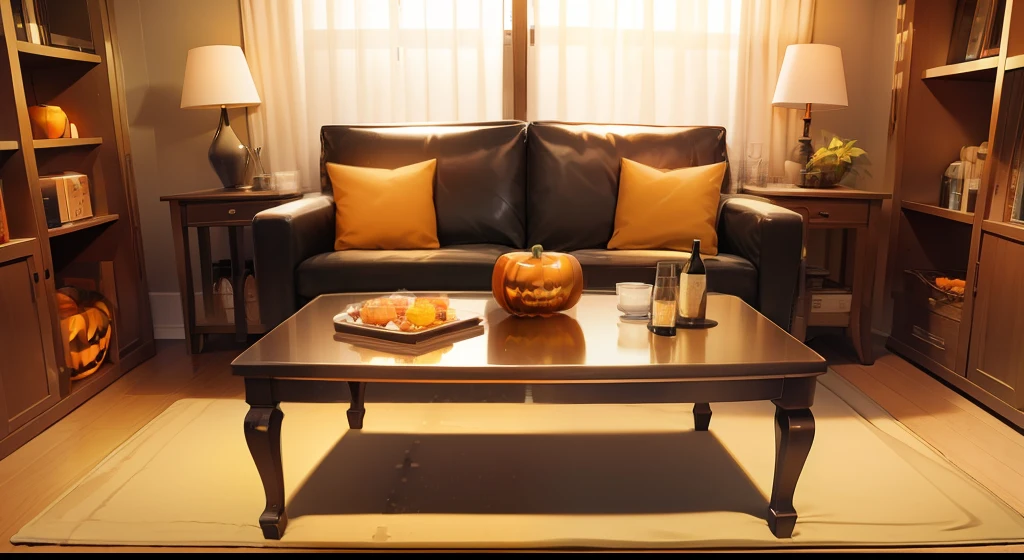 Nordic style、coffee table、Halloween、Jack-o'-lantern、champagne、champagne glass、wooden furniture、wardrobe、Anime coloring、((​masterpiece))