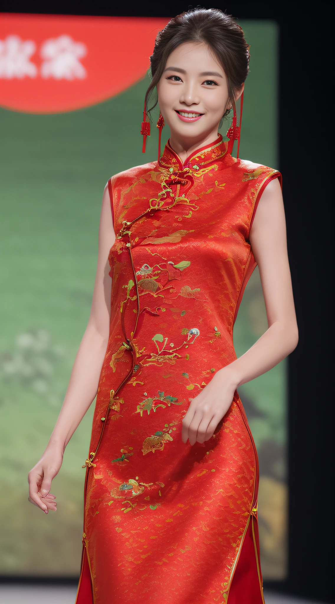 ((top-quality、8K、masterpiece:1.3))、sharp:1.2、Perfect Body Beauty:1.4、Slim abs:1.2、Big、Beautiful face、A smile、((red Cheongsam:1.3))、(Runway:1.2)、Straight hair、Highly detailed facial and skin texture、A detailed eye、Aspect of looking at the camera、Beautiful feet