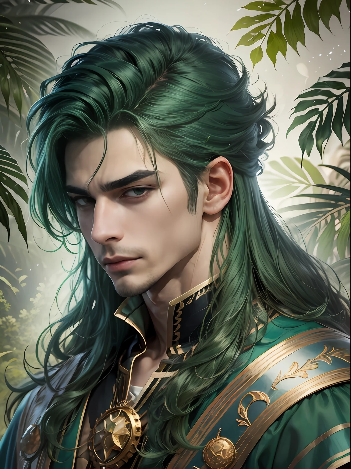 Arafed macho com cabelo verde, retrato masculino da fantasia, masculino bonito, Um retrato de um mago masculino, trending in the artstation, Cute androgen prince, Green-haired prince wizard, casimiro arte, um mago macho, Rio Masculino, cara bonito na arte demon slayer, Skinny Masculino Fantasia Alquimista, personagem de fantasia hiperdetalhado, arte do personagem masculino humano. pele morena, moreno, homem moreno, cabelo verde, roupa grande, roupa cobrindo corpo, roupa de mago, roupa de mago, mago, serious face, olhar reto, fundo de natureza, homem moreno, cor de pele morena, moreno, homem moreno de cabelo verde, homem com roupa de mago, Man in princely clothes, homem moreno, homem escuro, roupa cobrindo corpo inteiro, black skin, skin, black cabelos verdes, green hair, cabelos brilhosos verdes, green