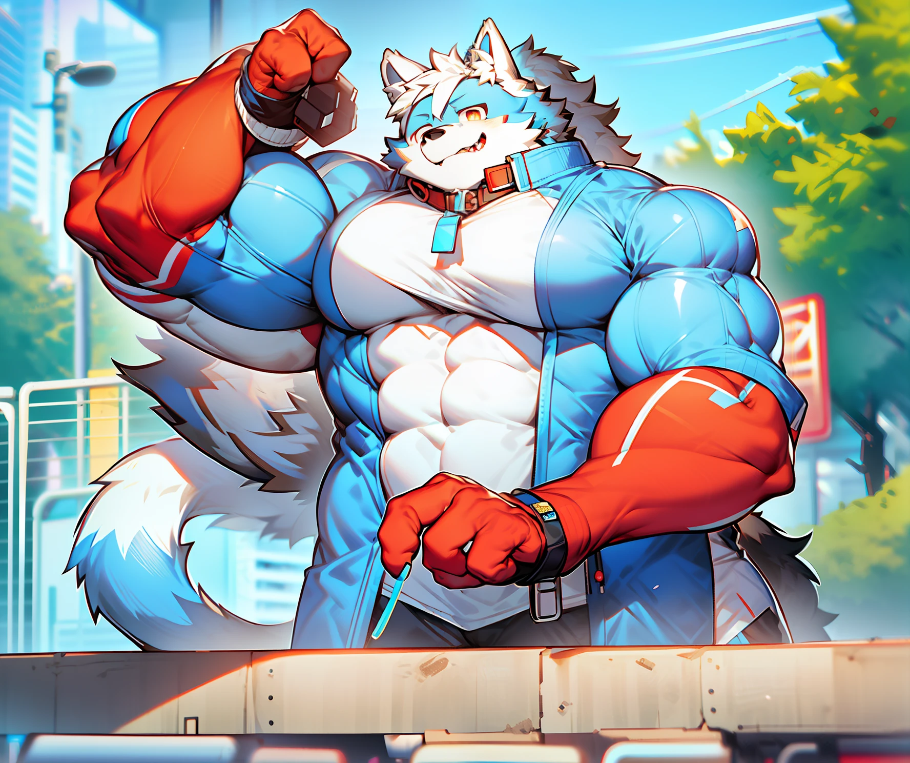 coyote，Furry，Blue-white hair，musculature，Muscle men，nakeness，Strong，ultraclear，Has a large ，Collar，Black  shorts，Black sclera，red pupils，Abs，Yellow coat，The erection，Collar，Has a large ，der riese，tit，Solo，Stout arms，Storm jacket，Badge，Pronounced abs，ssmile，subway station background，Urban style，hold fists,Big Dick，Light blue storm jacket，Red gloves，Red shoes