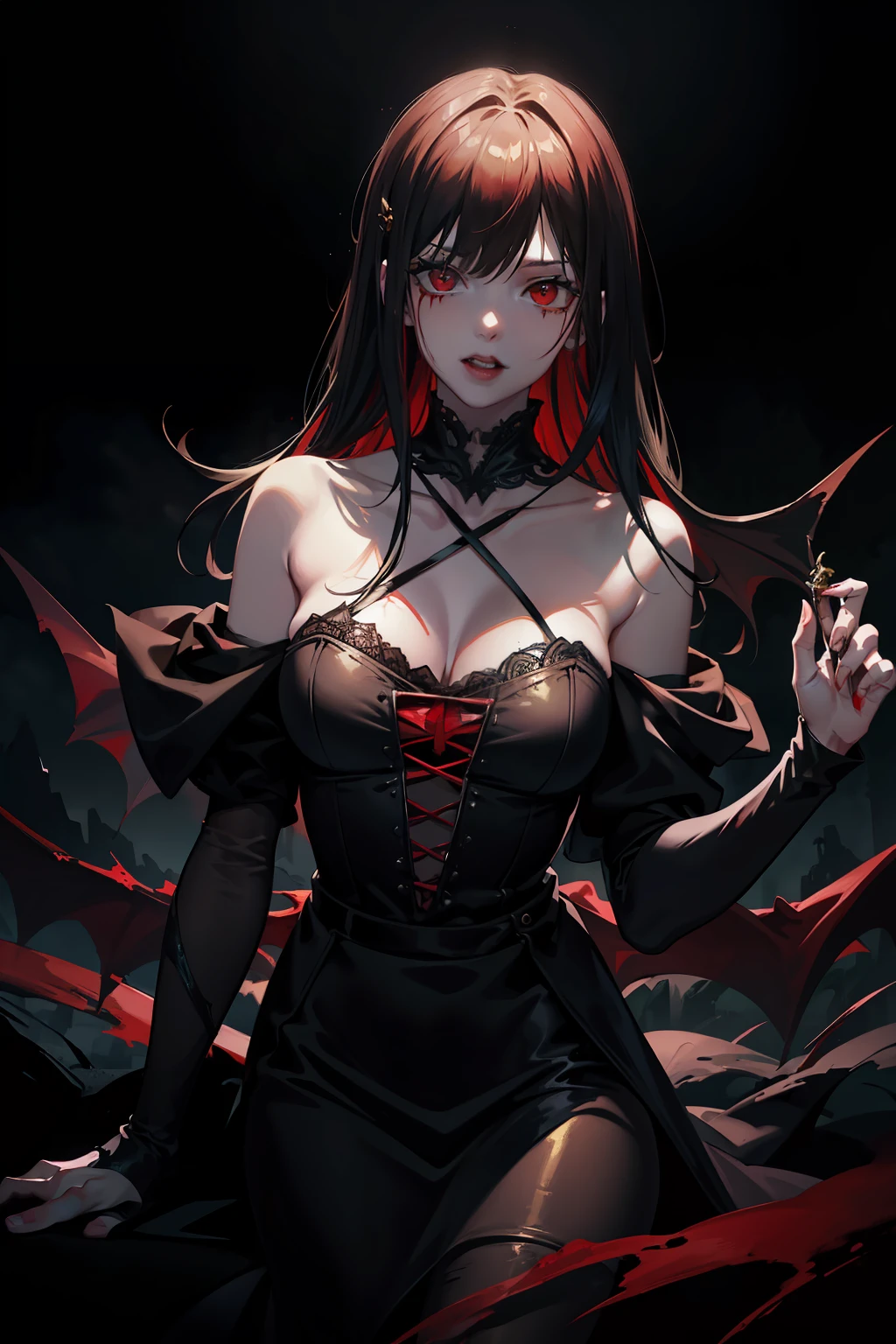 Beautiful vampire, Bared fangs, Bloody river as background, Watercolor style smearing, art, Dramatic lighting, David Lynch's image style, abstract expressionism, Metaphysical, expressionistic, Golden ratio,details aesthetics octane rendering excellent composition natural texture 8k oil pain masterpiece Canon EOS R4s 50