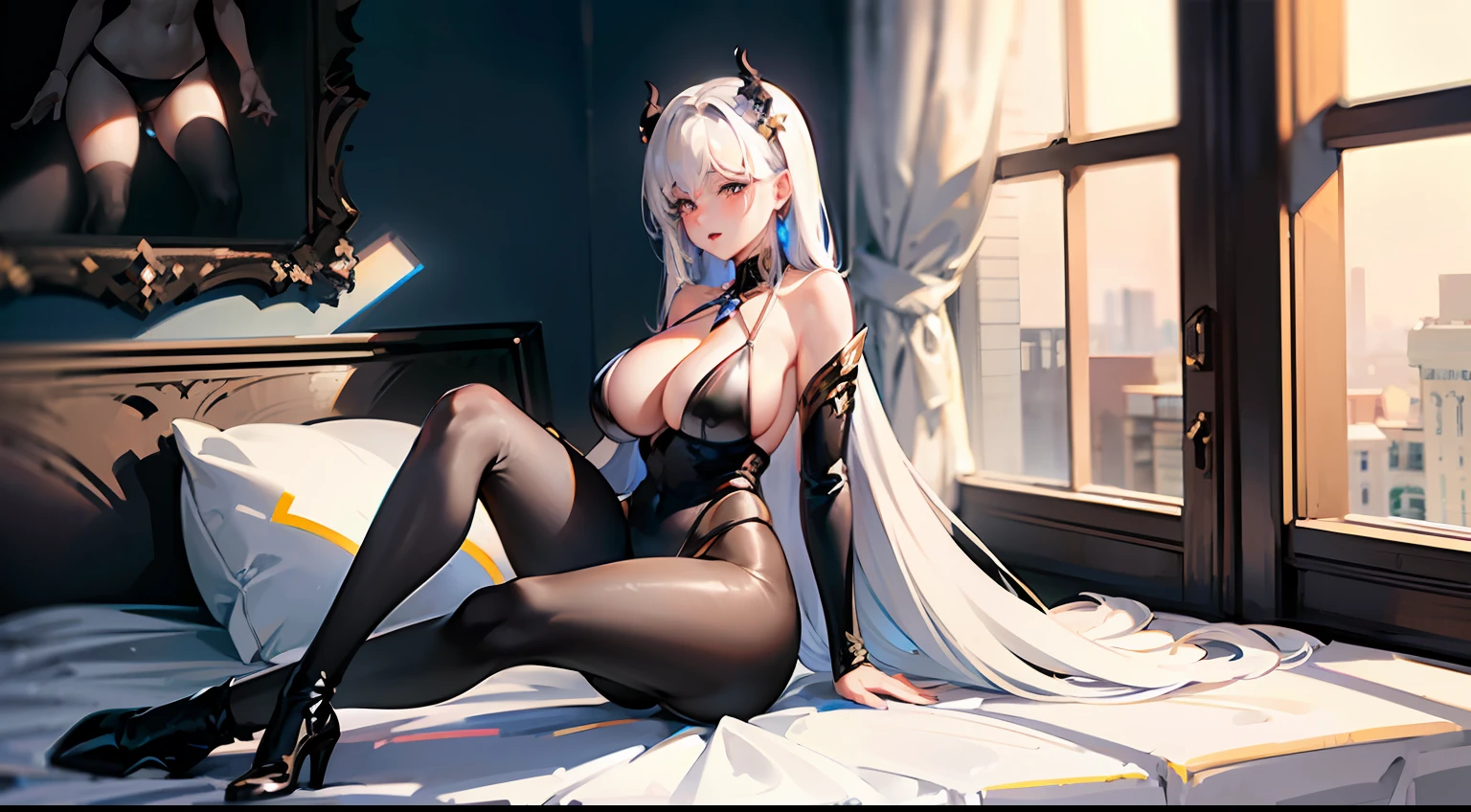 Breasts larger than torso, Huge breasts, Crazy swollen breasts, otherworld background, Wearing bikini armor, Koreainsta Goddess, Realistic fantasy rendering, photorealistic anime girl rendering, Vistas, (Full body portrait: 1.4), (Big breast: 1.4), (Exaggerated body proportions), (Nine-headed body), Long black wavy hair, Wearing delicate earrings, chest exposed from armor, a plump buttocks, Slender legs, Thick thighs, (wearing black transparent pantyhose), (wearing short leather boots), Camel toes, Raised , sitting on a tavern bed, Octane rendering, (Unbeatable masterpiece, Ultra-realistic 8K CG, Dramatic, Ray tracing, hdr:1.2), (Best quality), fantasy, Atmospheric, Extremely detailed, Intricate, Ultra-detailed, glaring lights, (mirror lighting: 1.4), (Realistic face: 1.2), (dent in the skin: 1.3), (1 girl: 1.4)