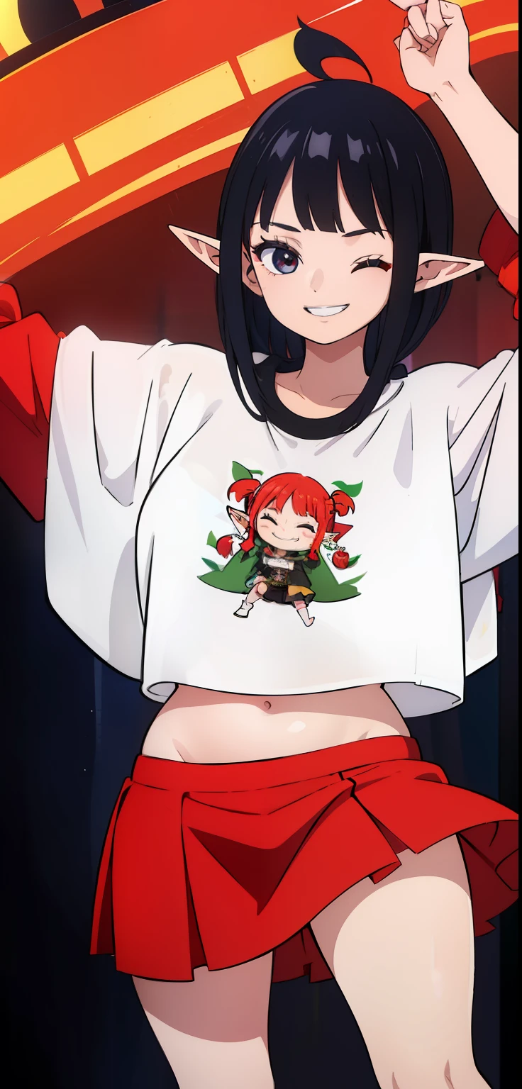 1 Girl, eyes closed, nose, elf ear, eyebrow, smiling, teeth, big red hair, black hair ends, bangs, hair between eyes, lora:add_detail, short sweatshirt on belly, short skirt, slim waist, belly , big chest, thick legs, big thigh, standing