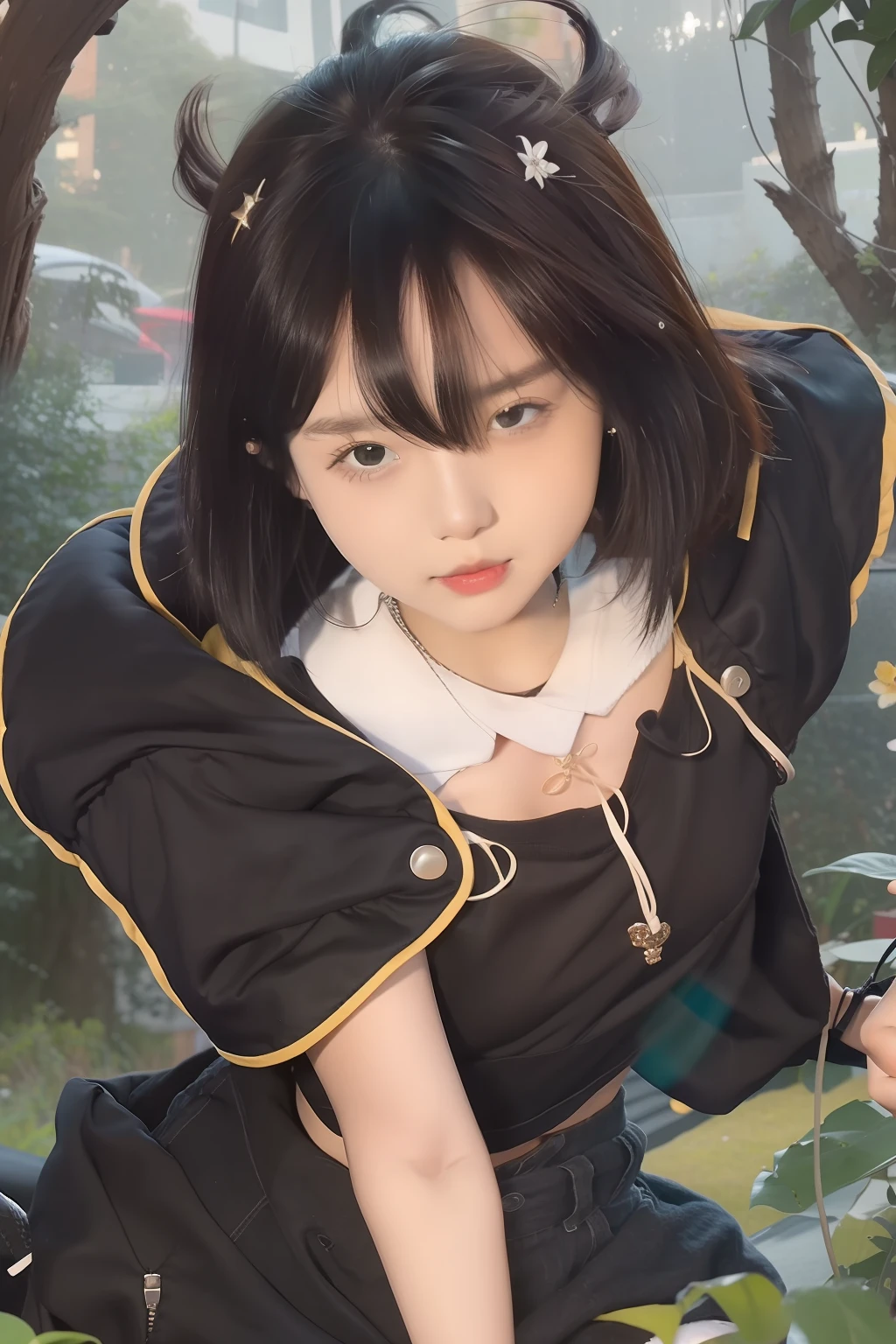 1 girl, short hair, black crop tops, realistic, ultra detail, 70mm lens