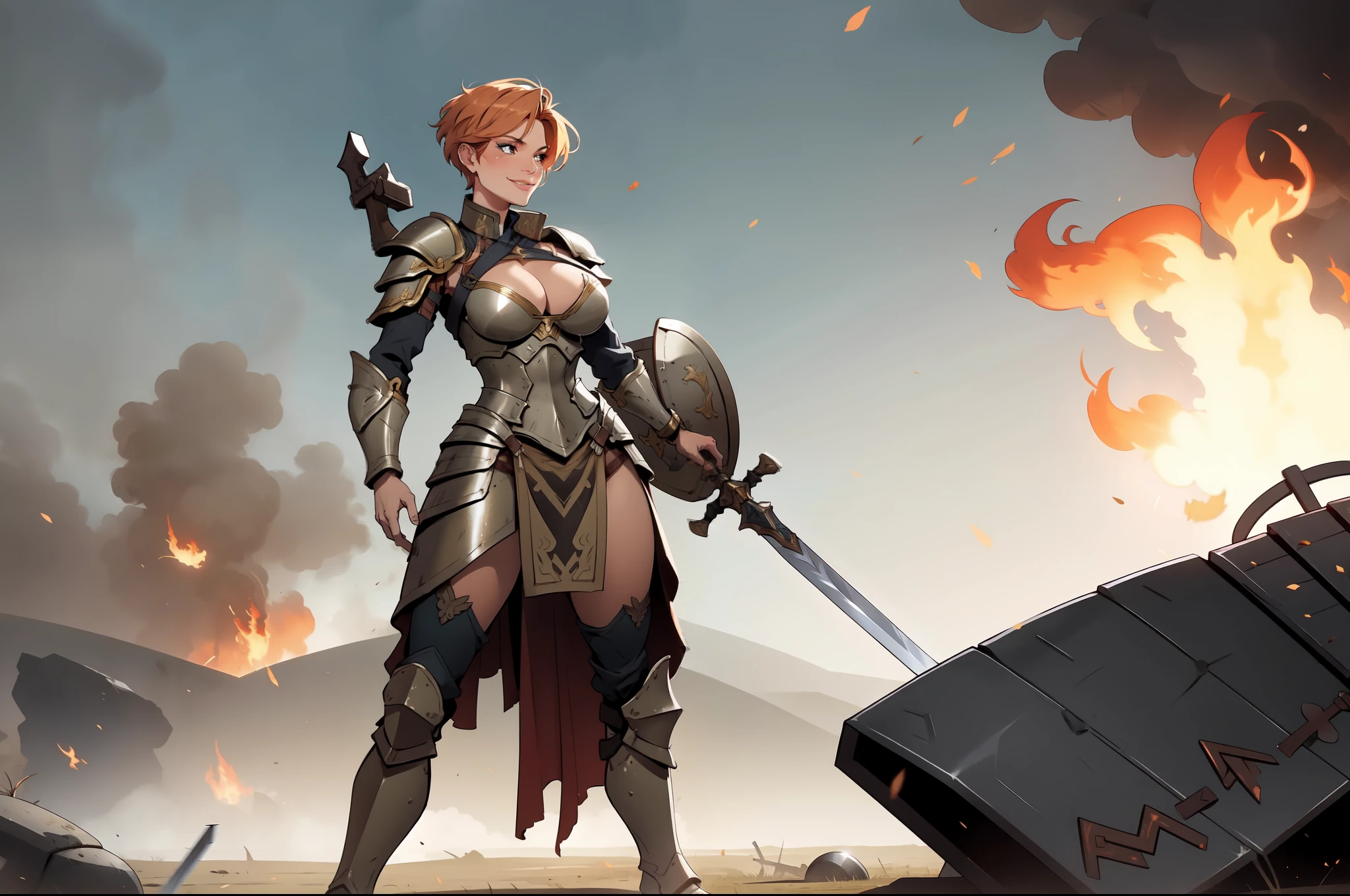 war, [ fire: explosion:0.5],
([valkyrie armored dress : glowing fire runes:0.5]:1.3),
([sword : glowing intricate runes:0.5]:1.2),
standing,  dirt , battle scars,
voluptuous woman, , armored boots, fighting stance, confident smile, broadsword, shield, cleavage cutout, chainmail, pixie cut, strawberry blonde hair, detailed background, battlefield, dead soldiers litter the ground all around her, dramatic lighting, sun low on the horizon,