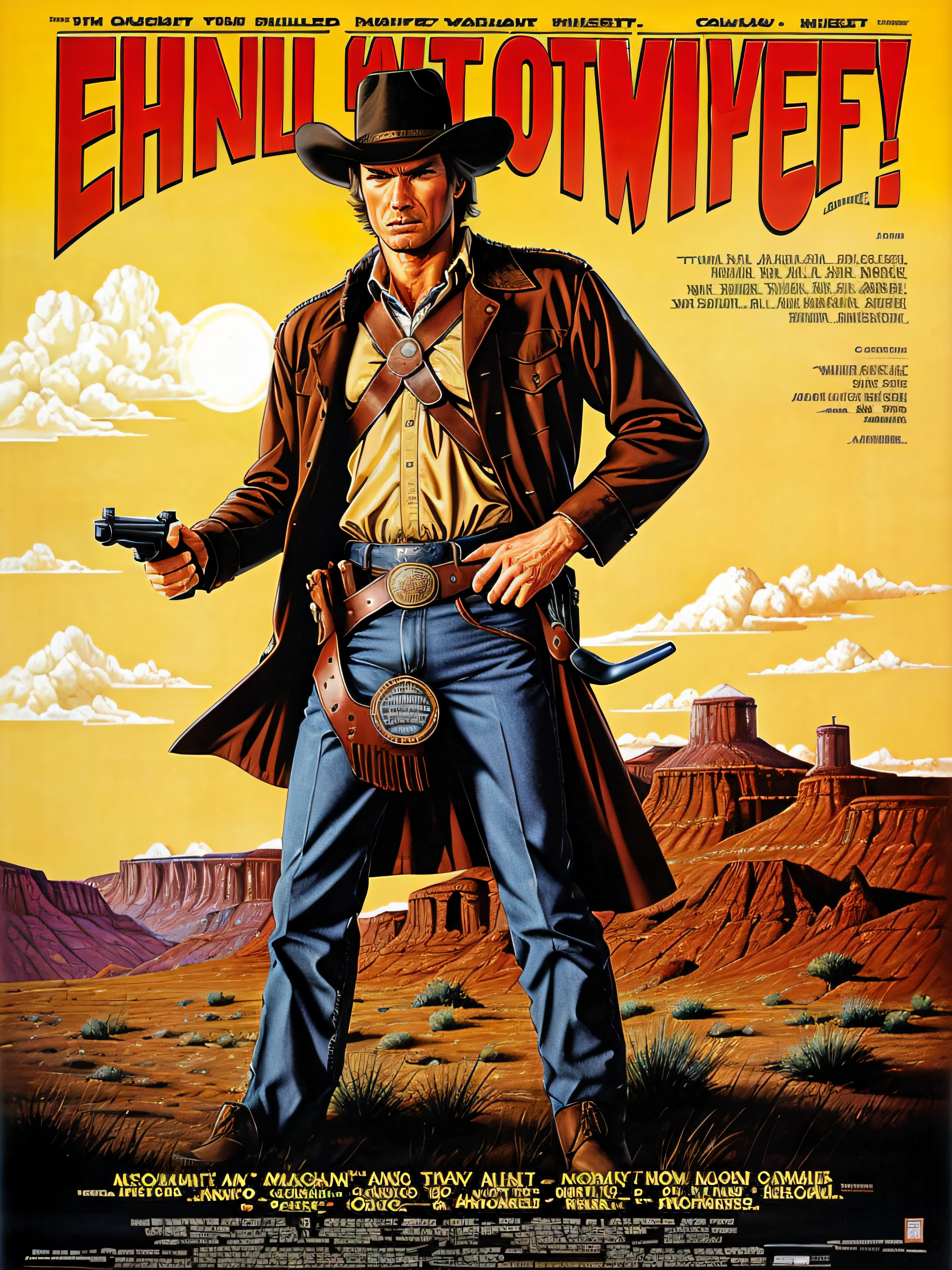 80s movie poster, Clint Eastwood as a cowboy, holding a pistol, Wild West background, highly detailed, masterpiece,