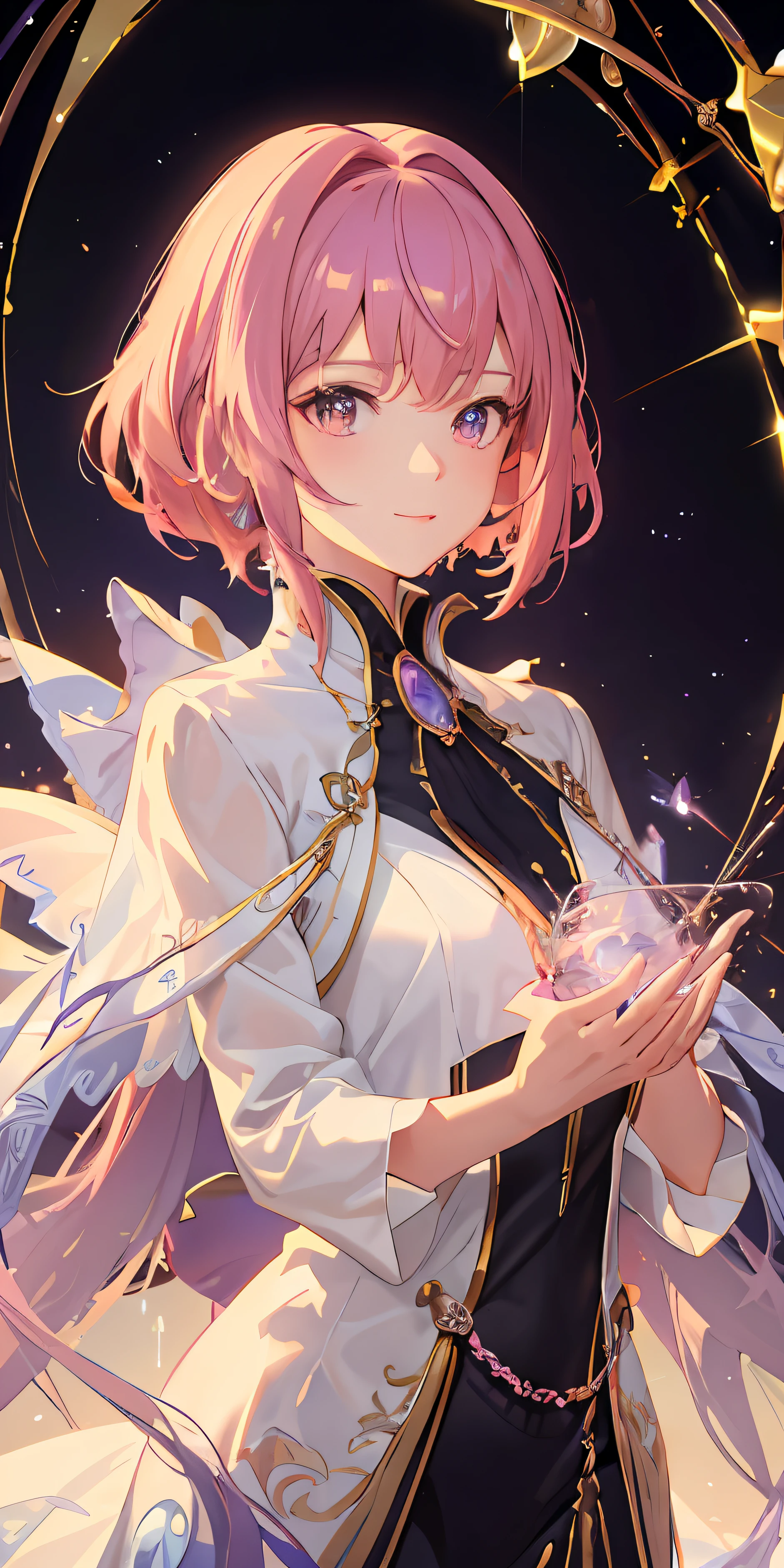 full bodyesbian,Cute anime girl,A pink-haired。Fox ear raincoat,Translucent raincoat,Flowingcolors,The color of the gradient,Glowing 3D model。ln the forest,Glass bottle,Butterfly with golden light,Fireflies with golden light。Light drawing line art,Glowing edge lines,Maximalism,Holographic lighting,Fluid dynamics,octaneratingrendering。 --niji 00 --s 2