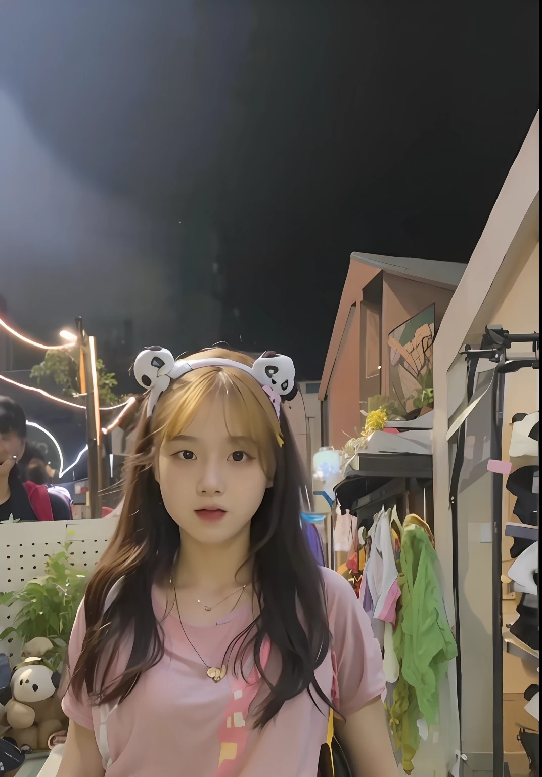 Arapei girl in pink shirt standing in front of the store, night time footage, She has a cute face, with glowing lights at night, Ruan cute vtuber, in the night time, low quality video, She is facing the camera, low quality footage, lofi girl aesthetic, lofi-girl, summer festival night