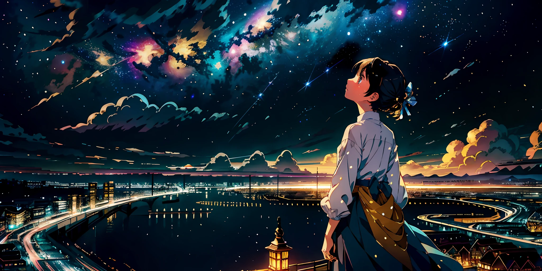 This is a story of a girl gazing at the starry sky, with a bustling city beneath it. The perspective is focused on the girl, with a wide-angle background capturing the vast view. The back of a trendy girl is shown as she looks up at the colorful cloud-filled sky. Below the starry sky are rows of illuminated modern buildings suspended in the air. The girl stands in the middle, looking up at the sky, with ancient marketplaces and tall wooden houses illuminated by countless lights. Above the starry sky, a huge golden cross-shaped starburst effect is present, accompanied by swirling golden clouds and magnificent scenes of golden shooting stars. The overall presentation is a colorful glowing nebula rendered with starry effects. This is a masterpiece of celestial animation, featuring the highest image quality and exceptional attention to detail. It is flawless artwork with a strong emphasis on lines, reminiscent of the style seen in the works of Makoto Shinkai. Gradient colored ribbons arranged in a pattern. --ar 1250:2500 --q 5 --niji