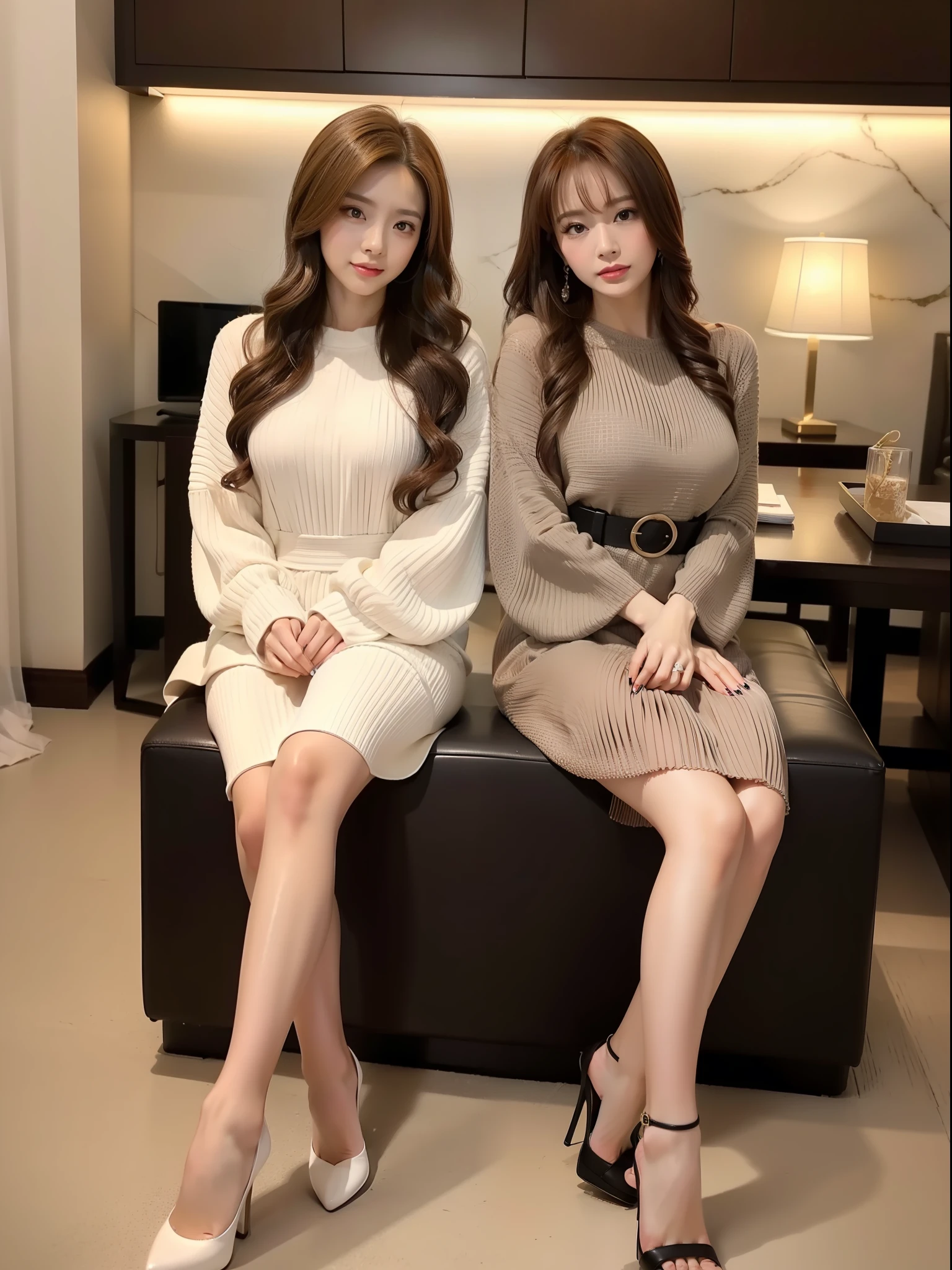 Top resolution、Top image quality、8K、japanes、Distinct double eyelids、gals、Hostess、Brown hair(High-tone color)、Curly hair、slightly longer nails、facing the front there、Photo of one woman、lounging、Dimly lit interior、indirect lighting、Professional Photographer、profetional lighting、party dress、Glamorous、Luxury、Upper class、panthyhose、high-heels、