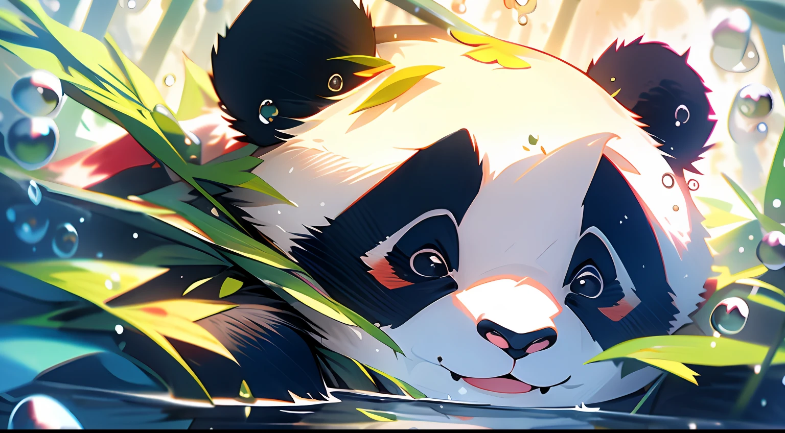 1 cute panda, closeup face, Portrait, Furry, leaves, no man, water, Blisters, bubbles, More Details, saturated colors, endearing smile, Best Quality, 8K, high saturation