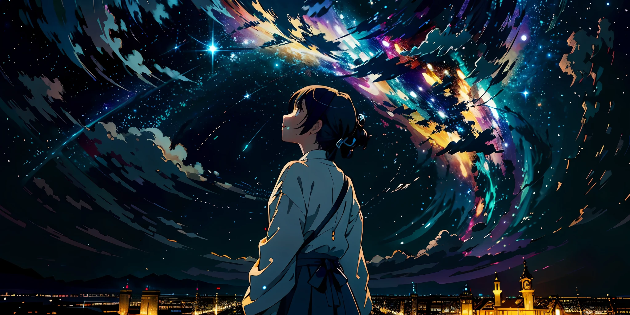 This is a story of a girl gazing at the starry sky, with a bustling city beneath it. The perspective is focused on the girl, with a wide-angle background capturing the vast view. The back of a trendy girl is shown as she looks up at the colorful cloud-filled sky. Below the starry sky are rows of illuminated modern buildings suspended in the air. The girl stands in the middle, looking up at the sky, with ancient marketplaces and tall wooden houses illuminated by countless lights. Above the starry sky, a huge golden cross-shaped starburst effect is present, accompanied by swirling golden clouds and magnificent scenes of golden shooting stars. The overall presentation is a colorful glowing nebula rendered with starry effects. This is a masterpiece of celestial animation, featuring the highest image quality and exceptional attention to detail. It is flawless artwork with a strong emphasis on lines, reminiscent of the style seen in the works of Makoto Shinkai. Gradient colored ribbons arranged in a pattern. --ar 1250:2500 --q 5 --niji