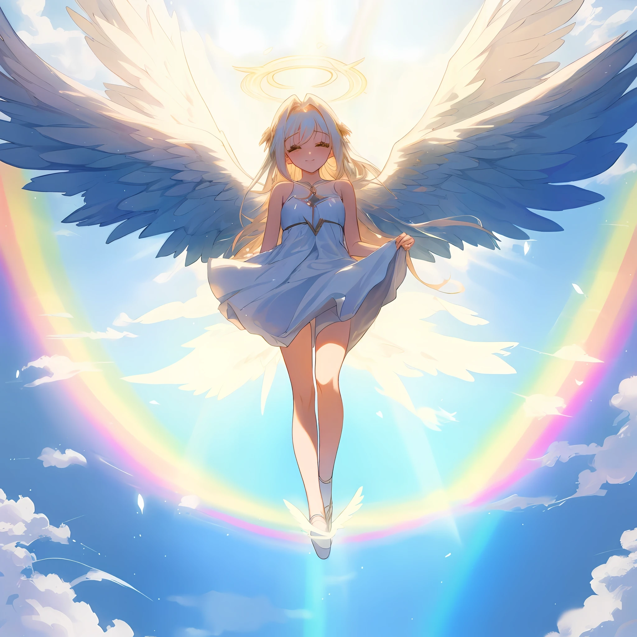 Anime angel with wings flying in the sky with a rainbow, A slight smil, a beautiful female angel, Beautiful Angel, of an beautiful angel girl, of beautiful angel, angelic halo, full - body majestic angel, Angel Girl, winged girl angel, angelicales, Angelic, beautiful angel girl portrait, angelic purity, glowing angelic being, Angel Halo, angel spirit guide