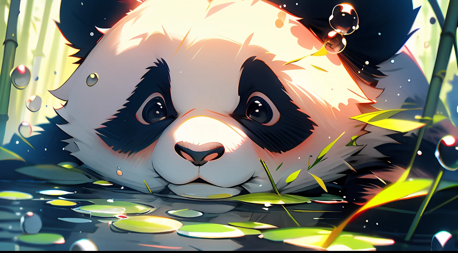 1 cute panda, closeup face, Portrait, Furry, leaves, no man, water, Blisters, bubbles, More Details, saturated colors, endearing smile, Best Quality, 8K, high saturation