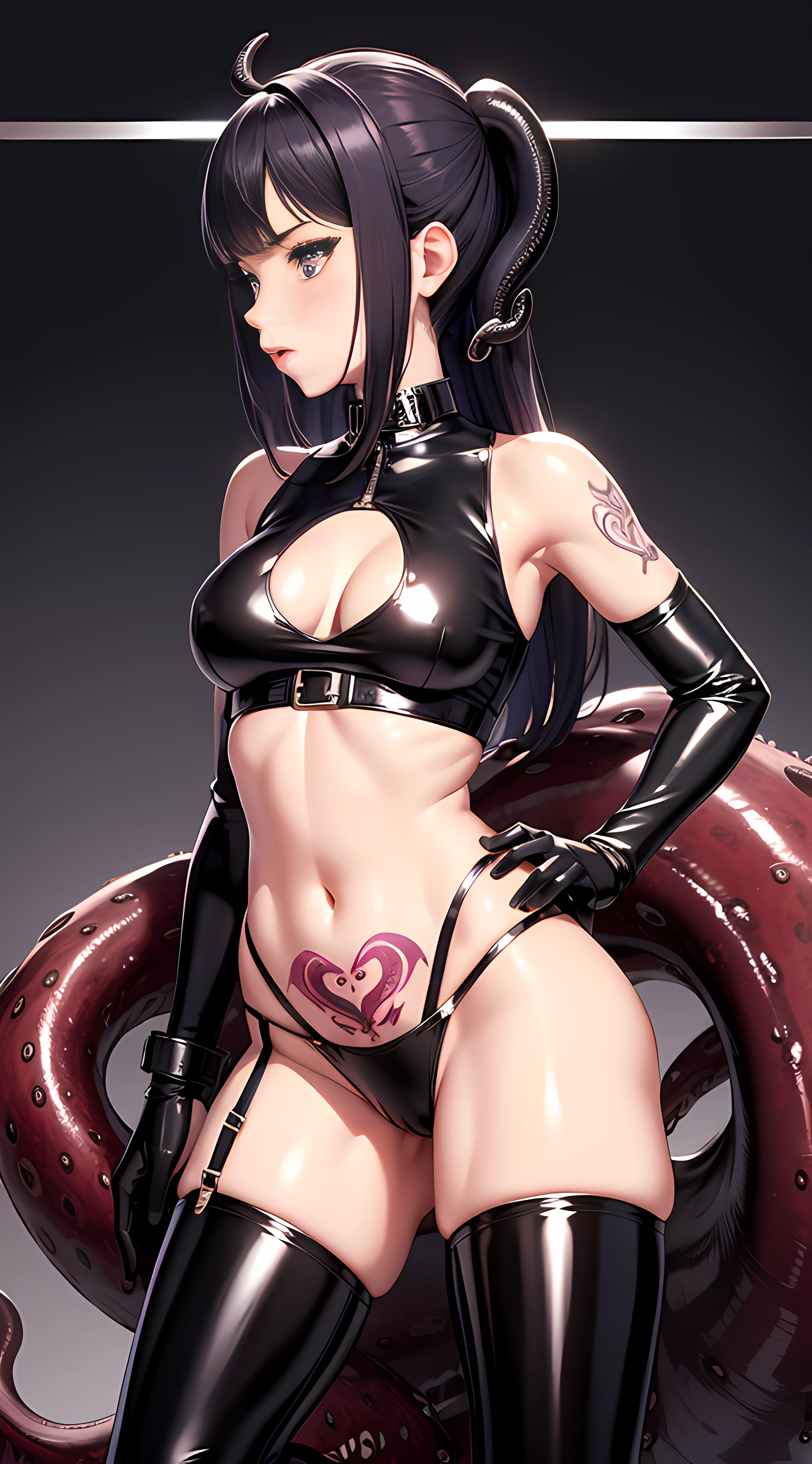 Crop topping,Patent leather vest,Kiss the navel,Patent leather panties,leather boots,Raised sexy,Semen,tentaculata,Stand up,Tattoo of the lower abdomen,Classroom Background