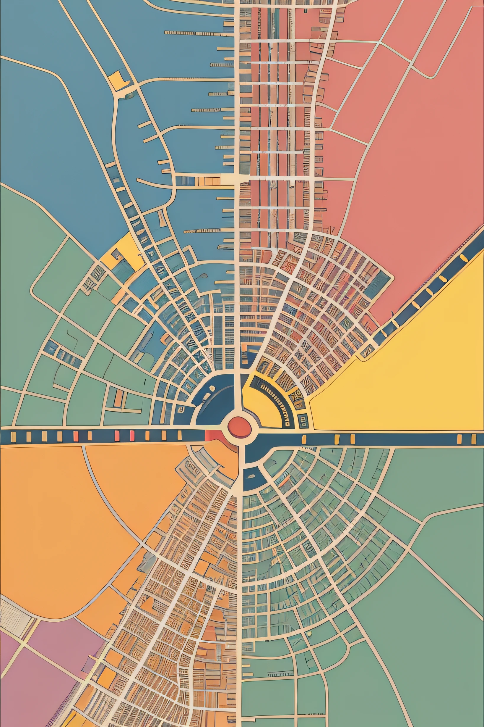 a thematic colourful realistc street map of the city. The colors will be randomly distributed considering the tones used in the heatmaps.