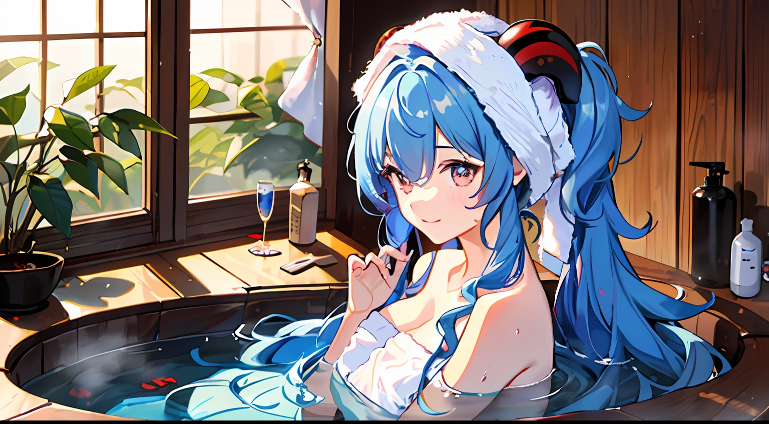 1girl in (​masterpiece) (top-quality)(Shiny hair)(Glossy skin)、1girl in (​masterpiece) (top-quality)(Shiny hair)(Glossy skin)、Bath、(Naked towel:1.4),,(Fluffy towel:1.7),hot onsen, ganyu \(GenshinImpact\)、lightblue hair、red eyes、red horns、ganyu \(GenshinImpact\)、lightblue hair、red eyes、red horns、hot onsen、Bath